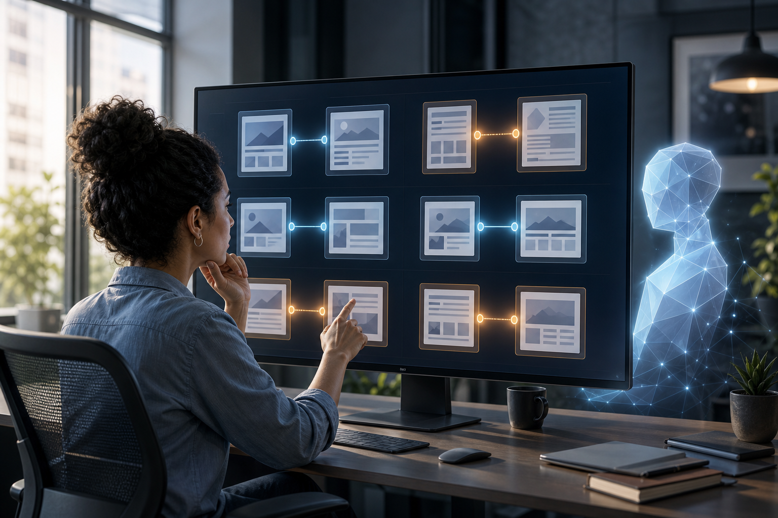 A specialist reviews proposed connections between unlabeled web page cards on a large screen beside an abstract AI light form.