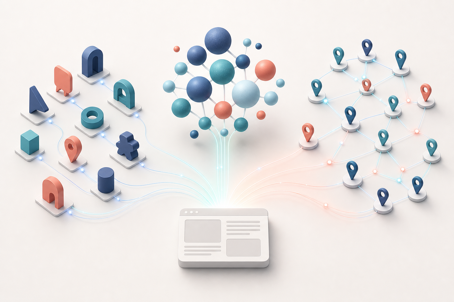 An isometric website tile connects to groups of intent gateways, topic spheres, and citation markers.