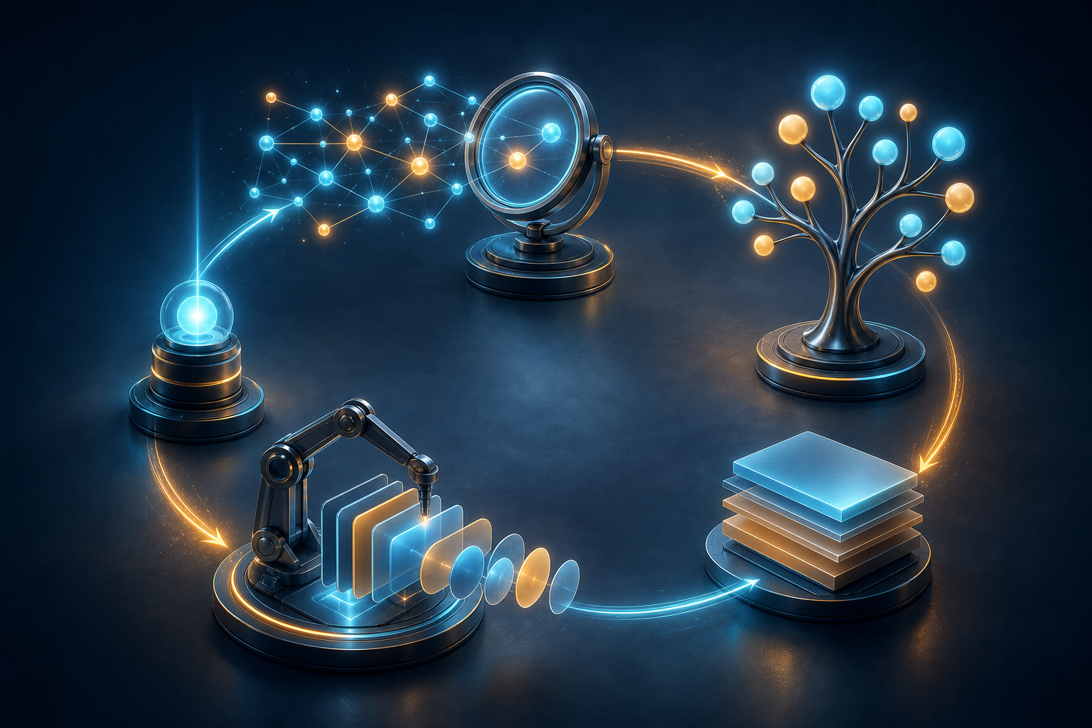 A circular sequence links citation observation, branching questions, expanded content blocks, and ongoing monitoring.