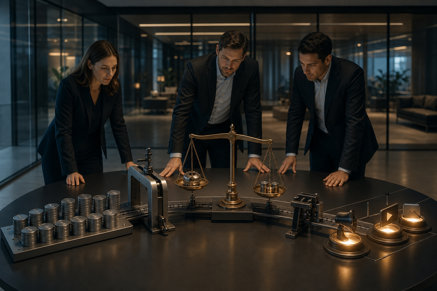 Business professionals examine a controlled flow of budget tokens through a mechanical system with a balanced scale in a modern office.