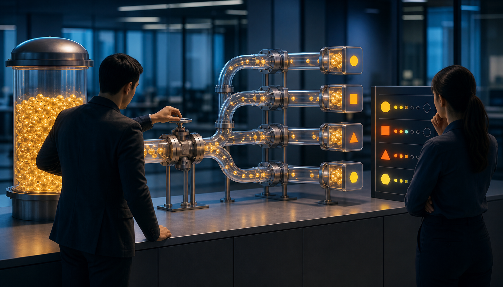 Two marketing specialists adjust a transparent budget pipeline that distributes glowing tokens to multiple campaign outlets.