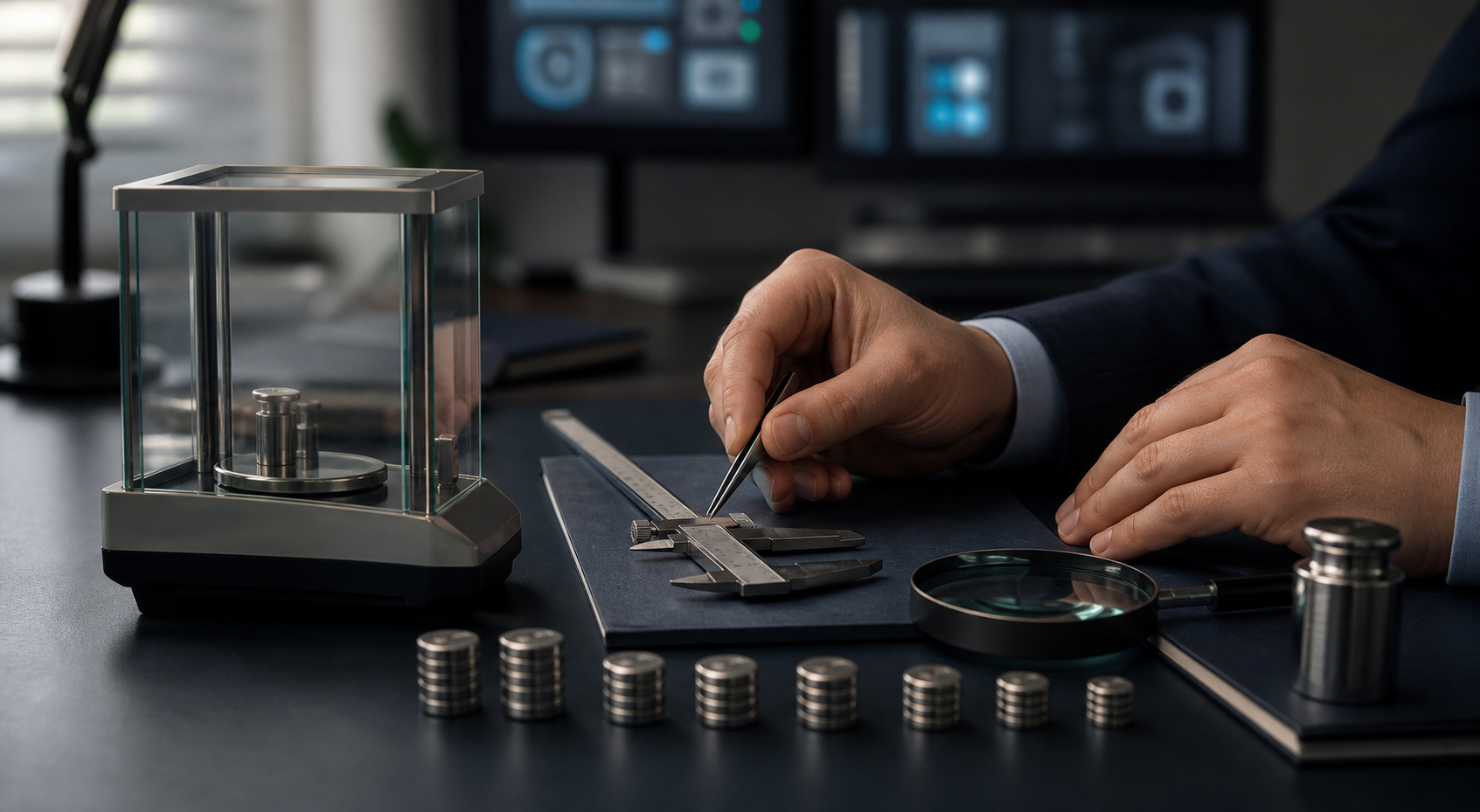 An analyst checks precision instruments and balanced metal tokens on an orderly executive desk.