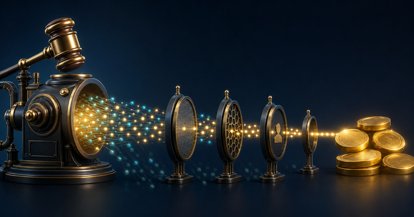 A precision auction mechanism sends glowing particles through several quality filters, with only a few emerging as solid golden tokens.