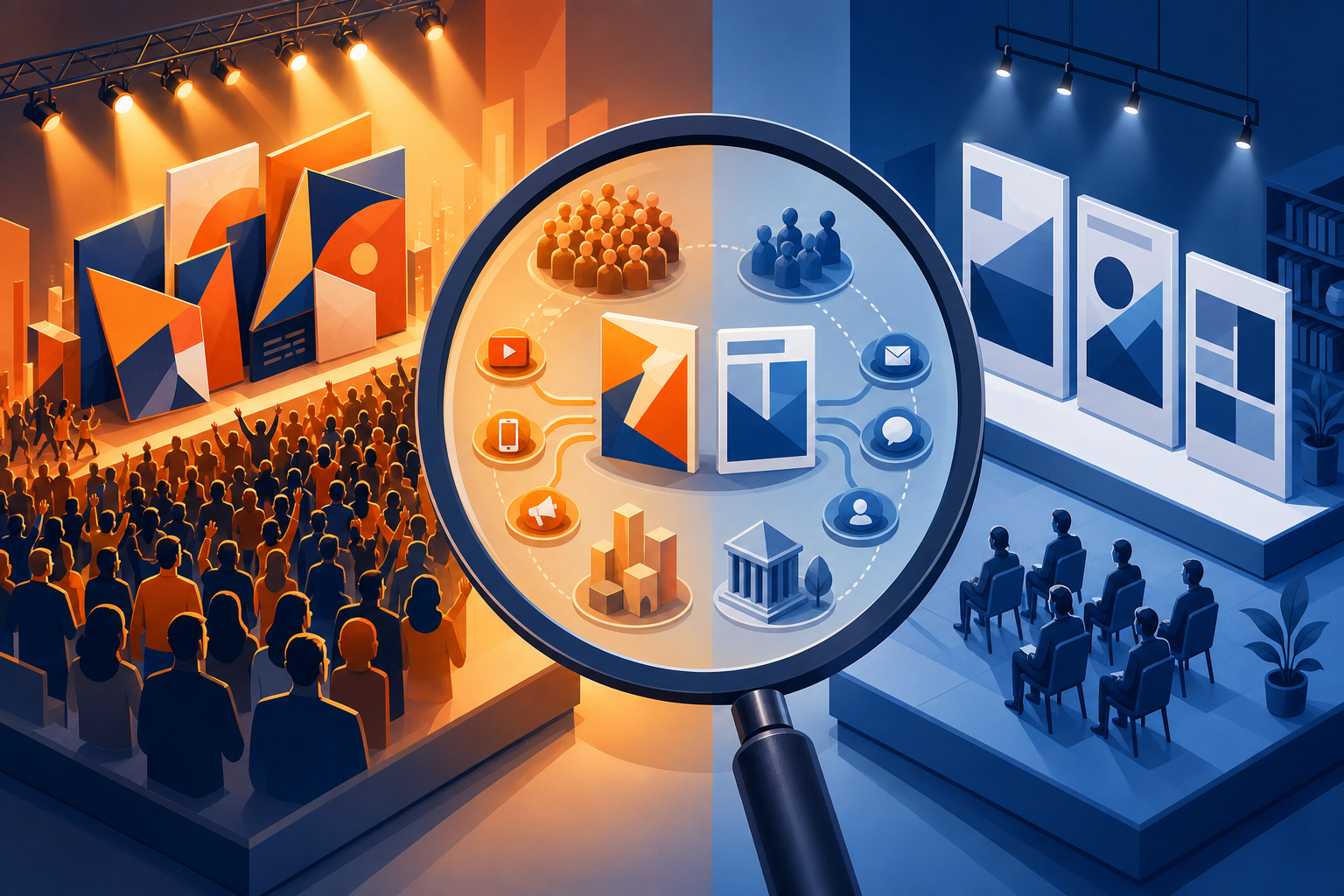 Two contrasting publisher environments show different content-card styles, audience sizes, and distribution conditions around a central magnifying lens.