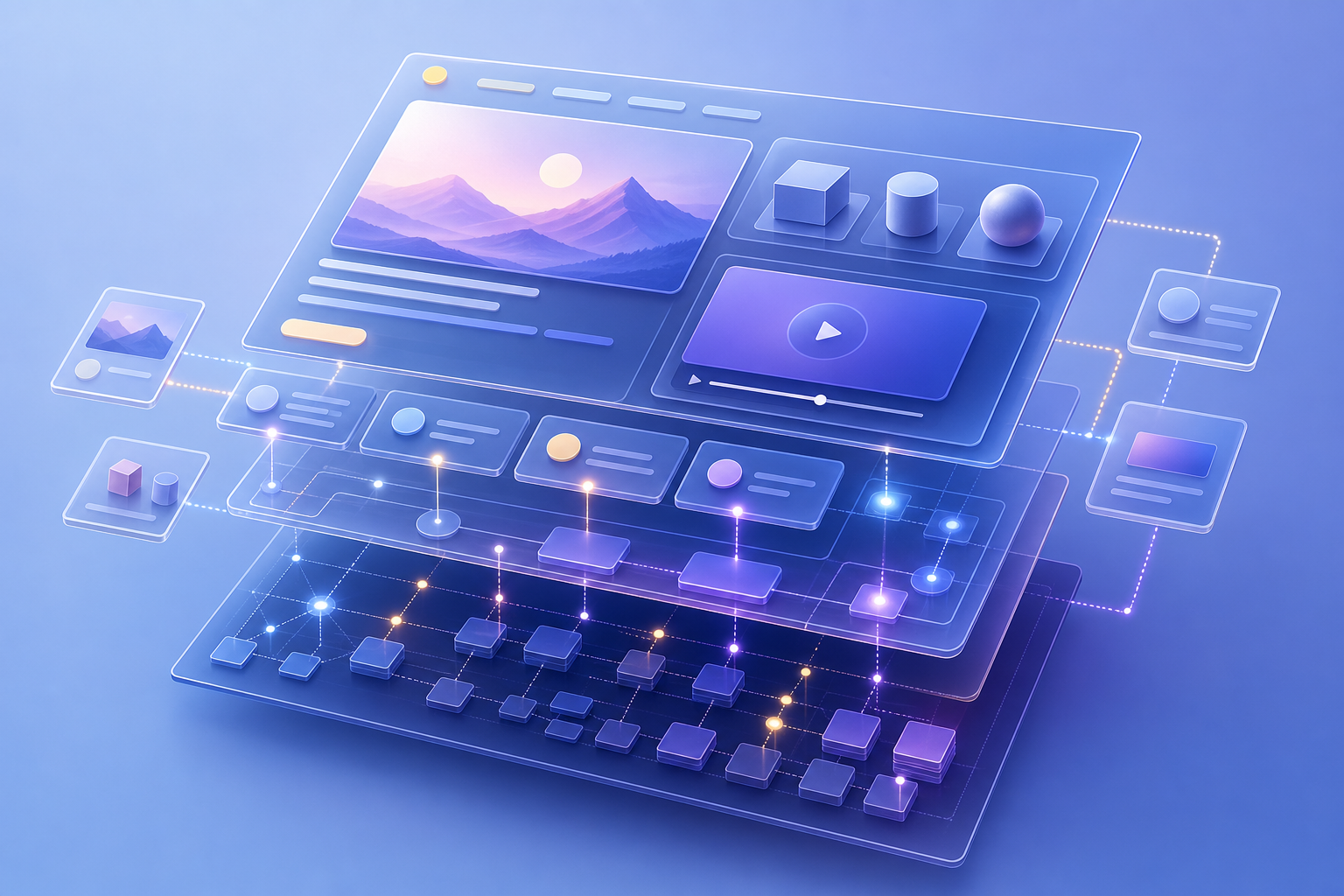 A layered webpage illustration connects images, video, page sections, and metadata-like nodes with luminous lines.