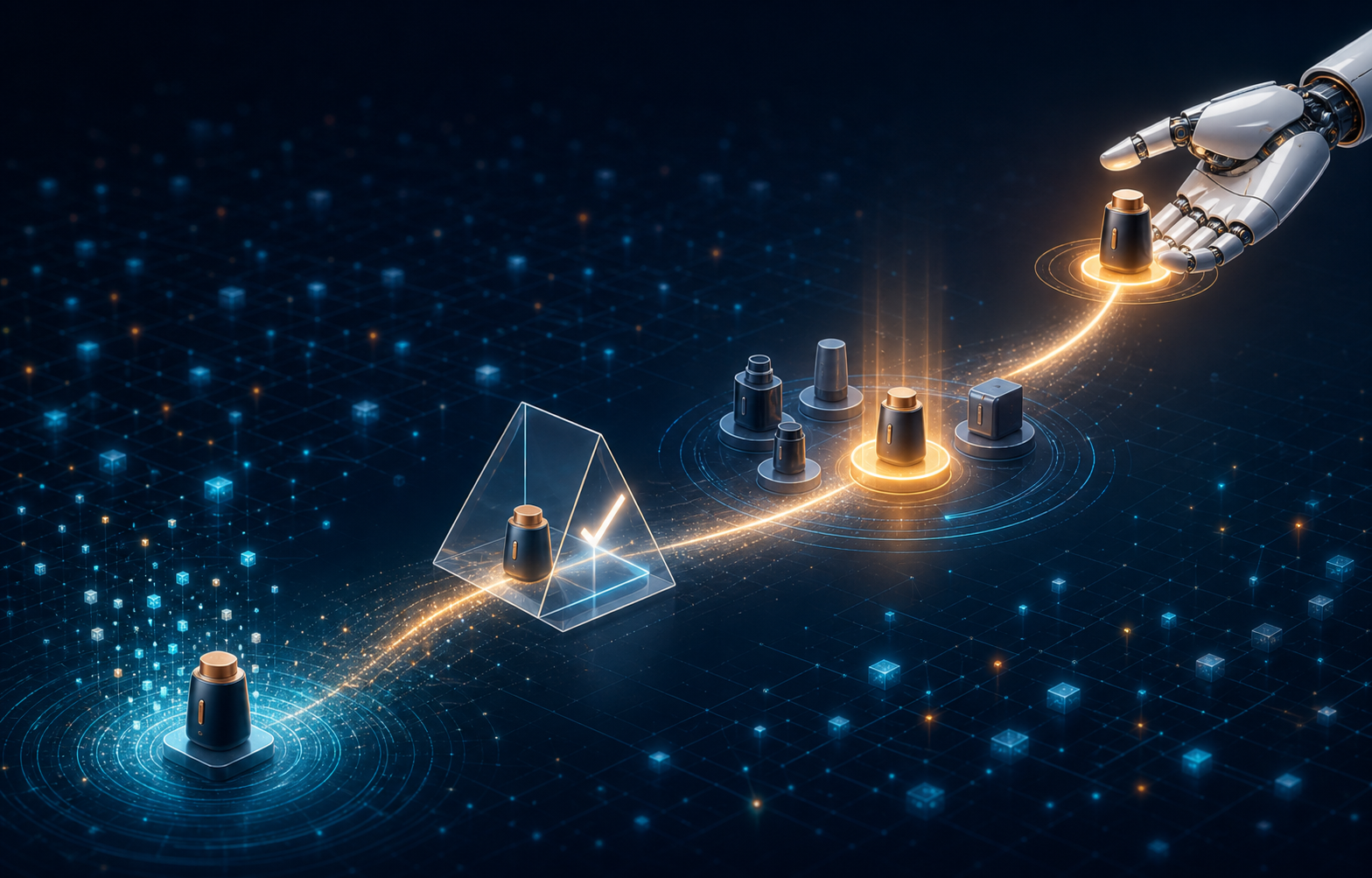A glowing pathway connects information nodes, a verification prism, a highlighted option and a mechanical hand completing an exchange.