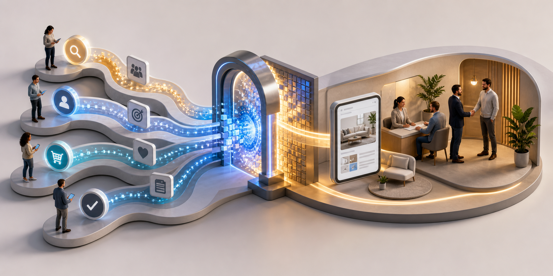 An auction gateway connects search-intent pathways on one side with a landing experience, human follow-up, and a business handshake on the other.