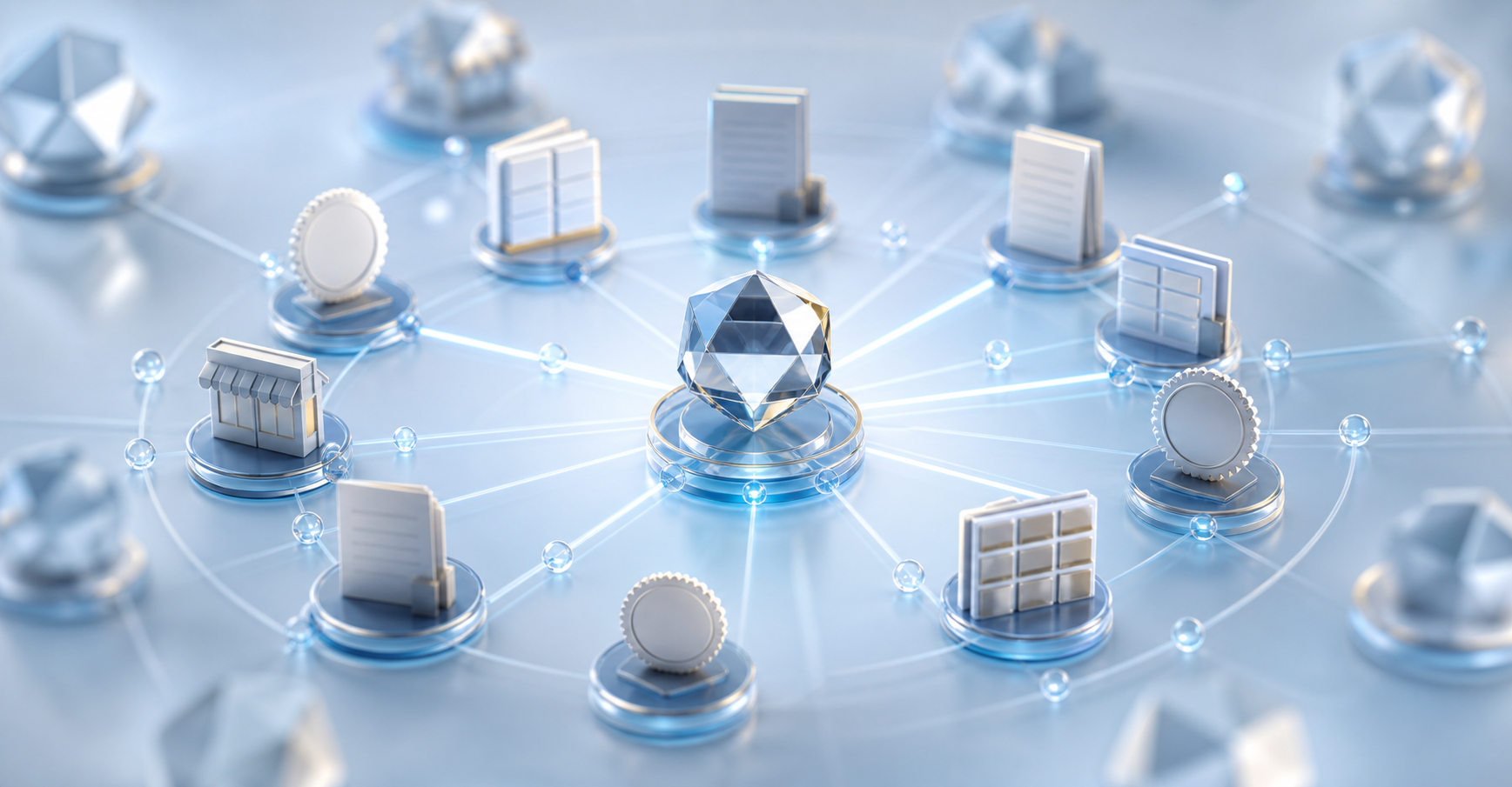 A sharply defined faceted object is illuminated by connections from several independent evidence sources while similar objects remain blurred in the background.