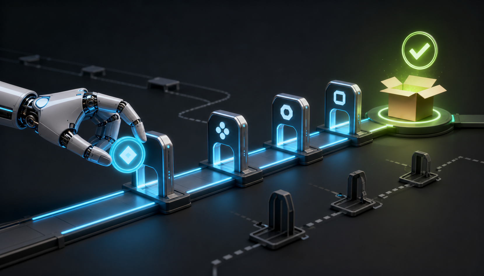 A robotic hand moves a glowing token through connected digital gates toward an open package and a green completion light.