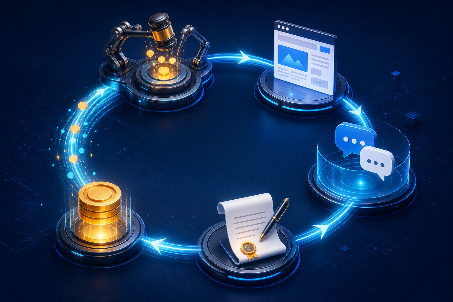 A circular system links an ad auction, webpage, customer conversation, agreement, and revenue, with outcome signals flowing back to the auction.