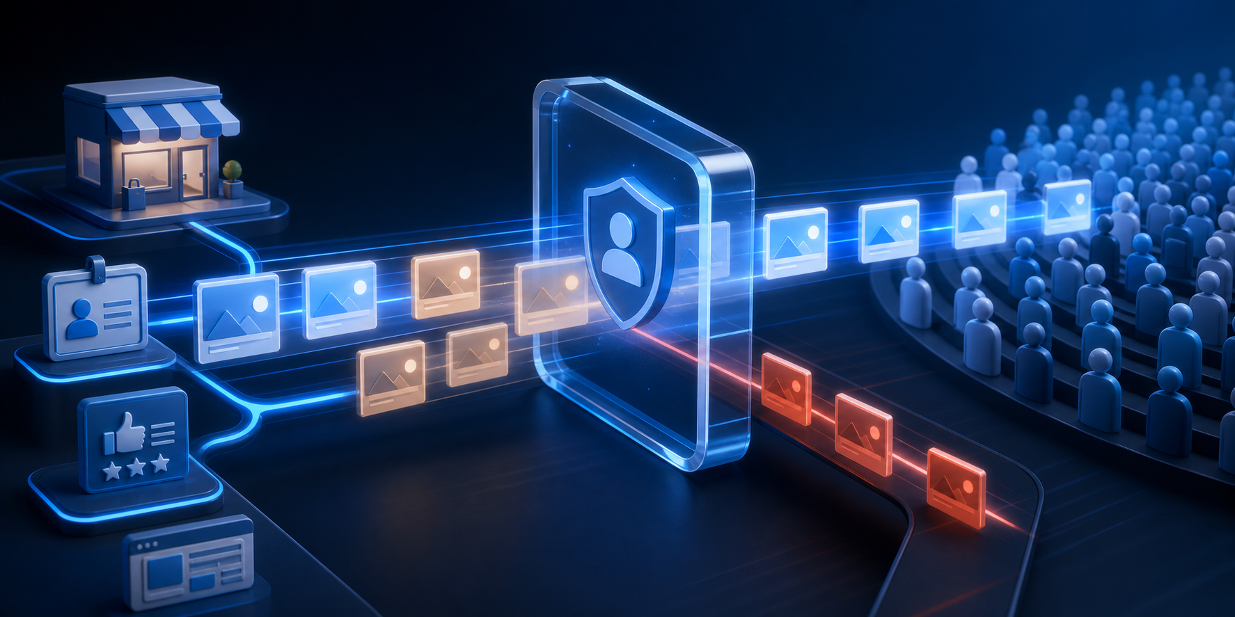 Glowing digital ad tiles pass through a translucent trust checkpoint, with some continuing toward an audience and others diverted into a narrower channel.