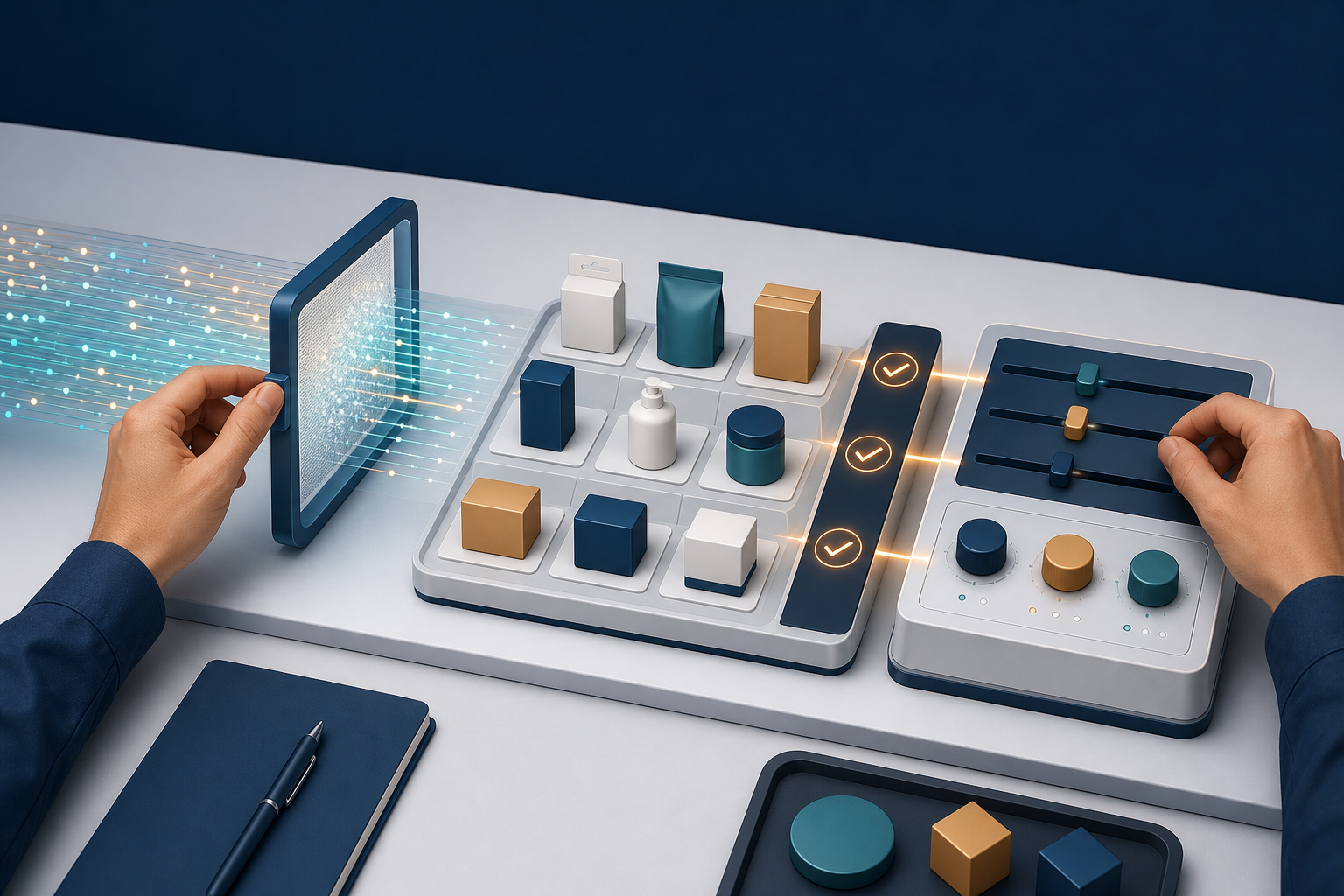 An analyst examines filtered data, retail product eligibility checkpoints, and campaign controls arranged as a three-stage diagnostic workflow.