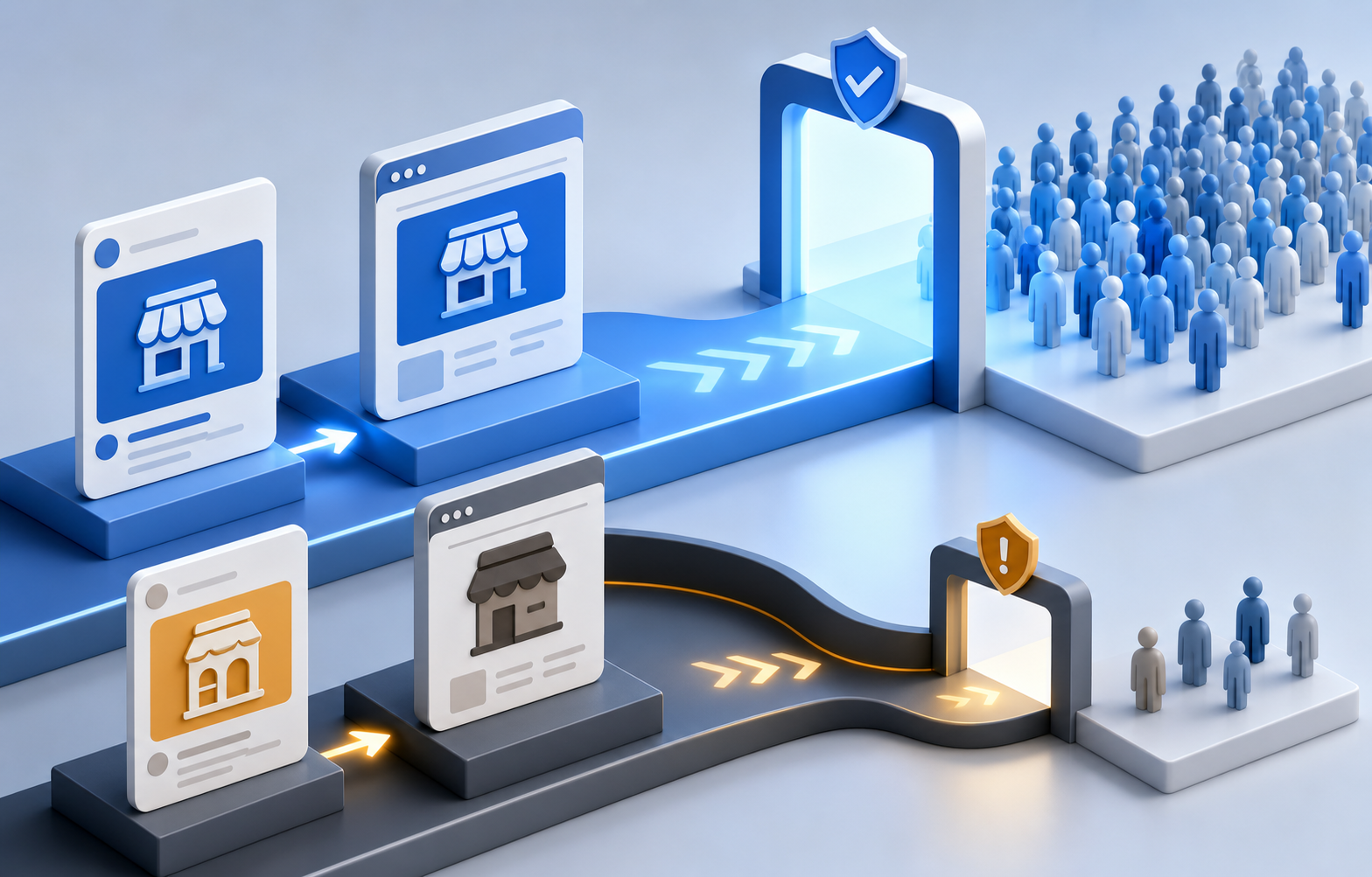 Two advertising pathways show a consistent storefront reaching a broad audience while an unclear, mismatched identity leads to a narrower audience.