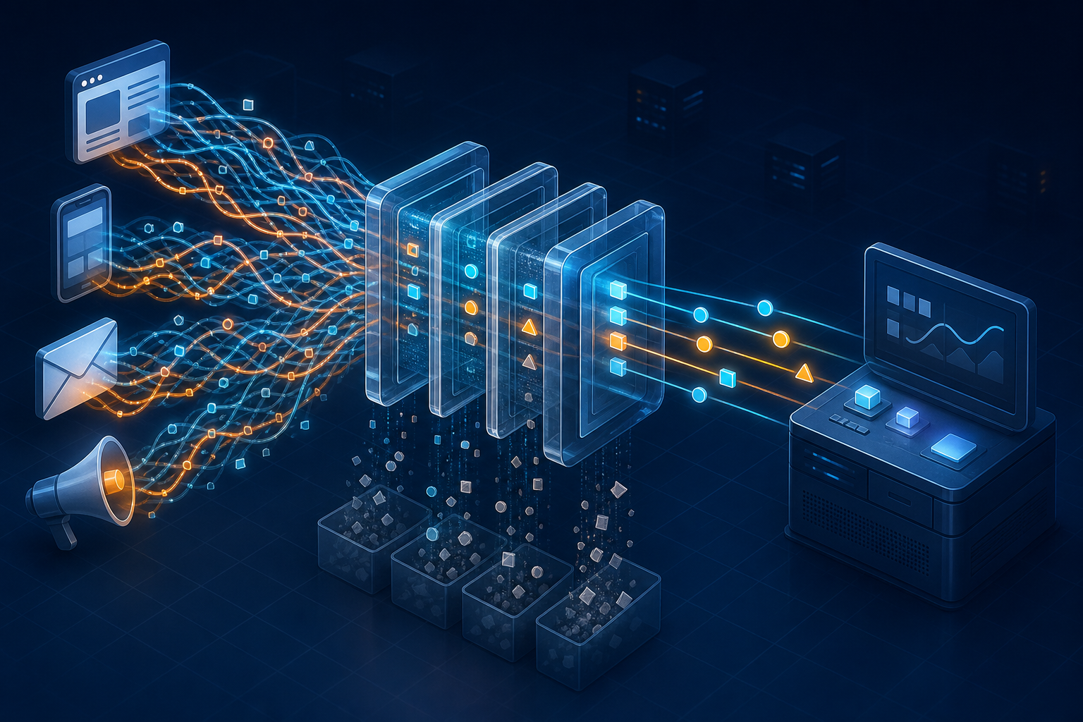 Tangled digital signals pass through a transparent filter and emerge as clean, distinct data streams.