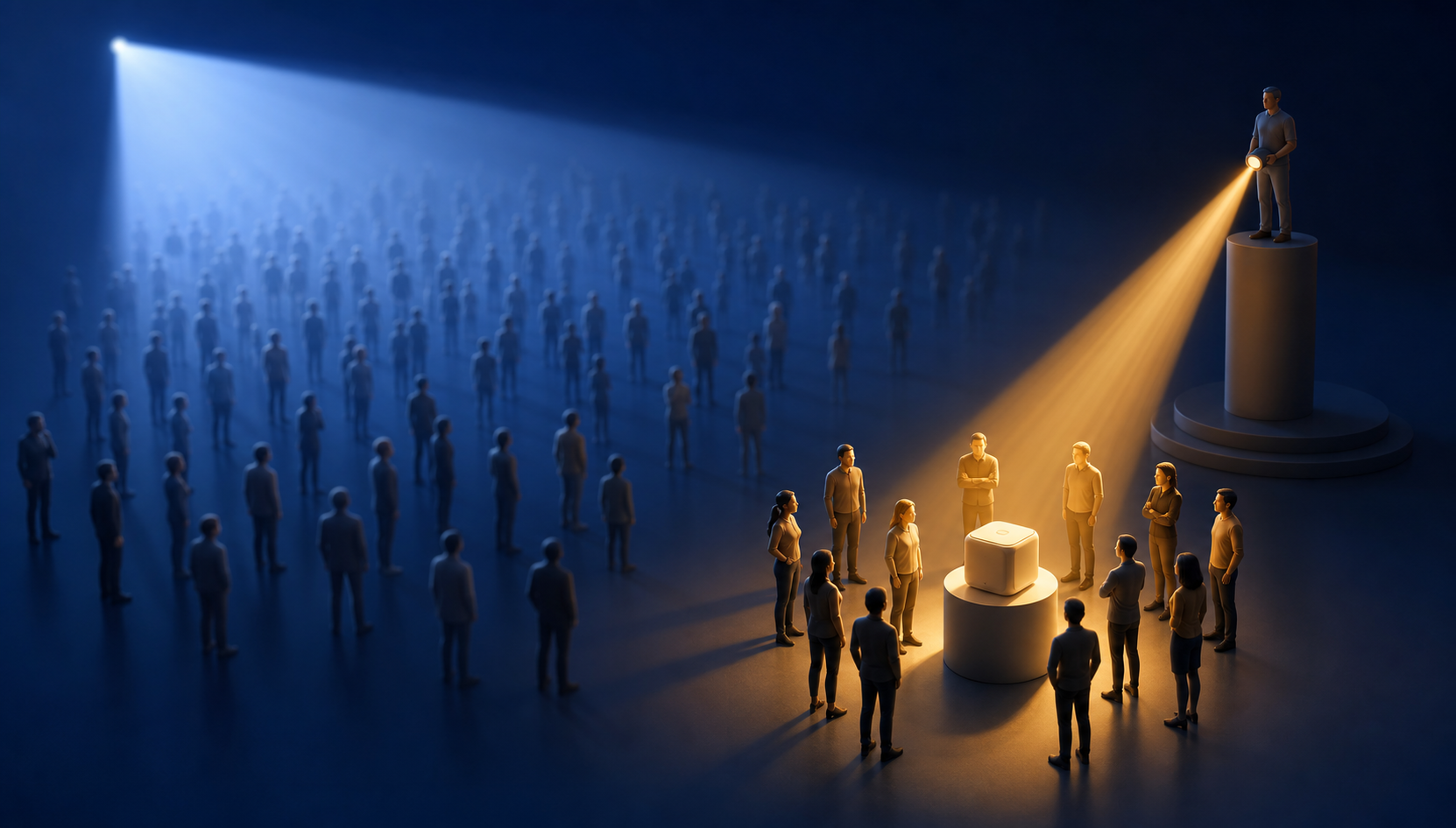 A focused beam illuminates a small attentive audience while a broader faint beam spreads across a large distant crowd.