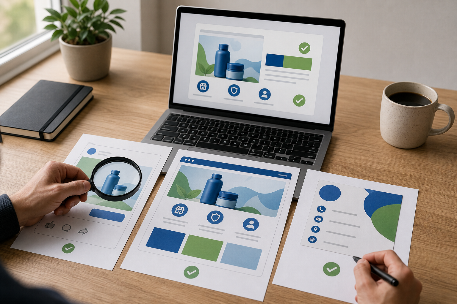 A strategist reviews matching ad, landing page, and business identity mockups arranged on a desk with a laptop, magnifying glass, and checkmarks.