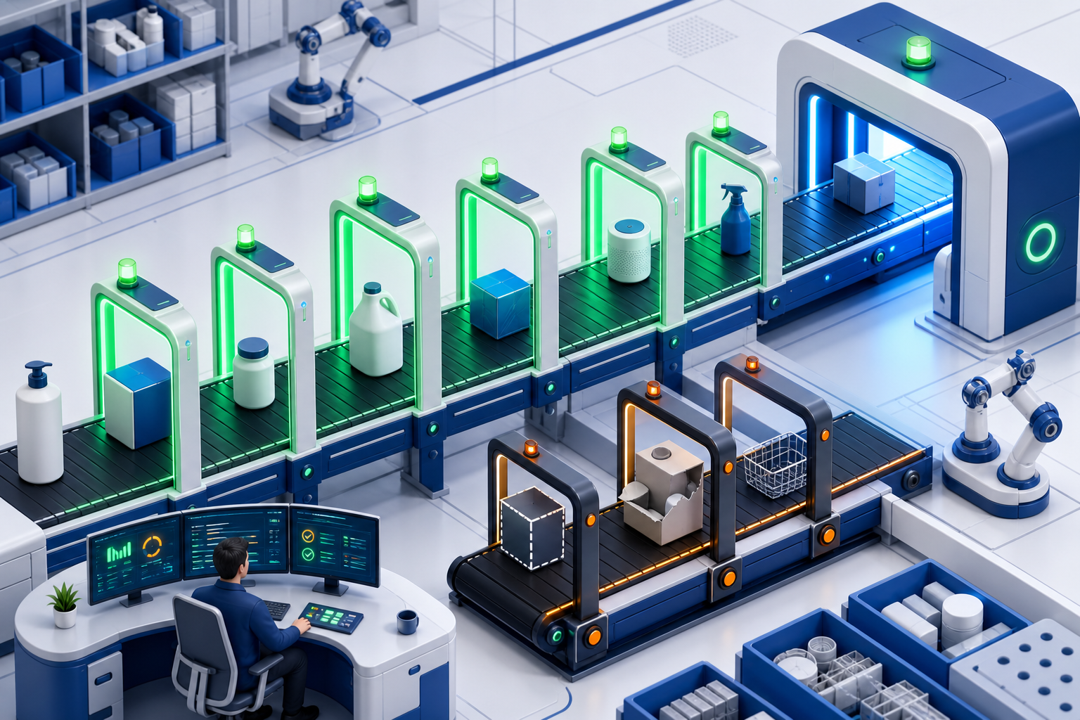 Generic retail products move through eligibility checkpoints while a few incomplete or unavailable items are diverted for inspection.
