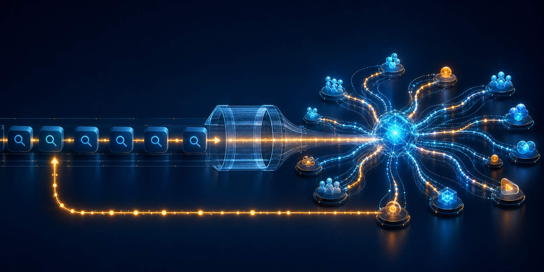 A glowing attribution trail crosses a bridge from a structured search campaign into a branching AI-driven advertising network.
