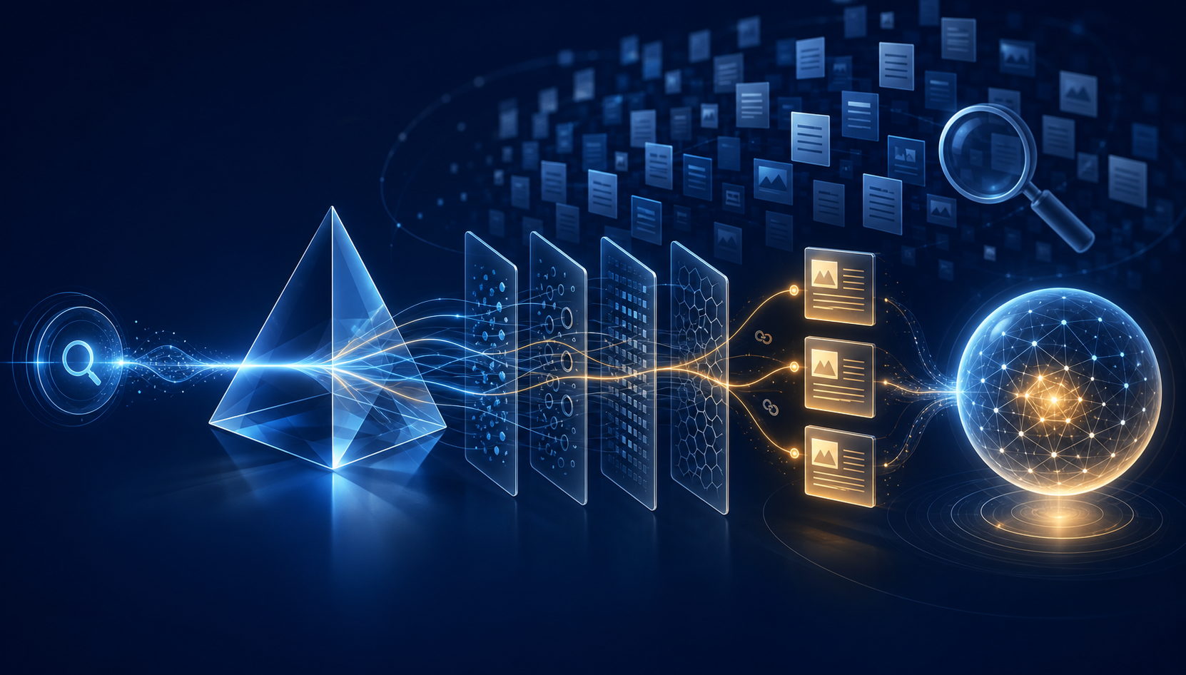 An abstract query passes through an AI prism, web search layers, and evidence filters before selected source cards reach a glowing answer.