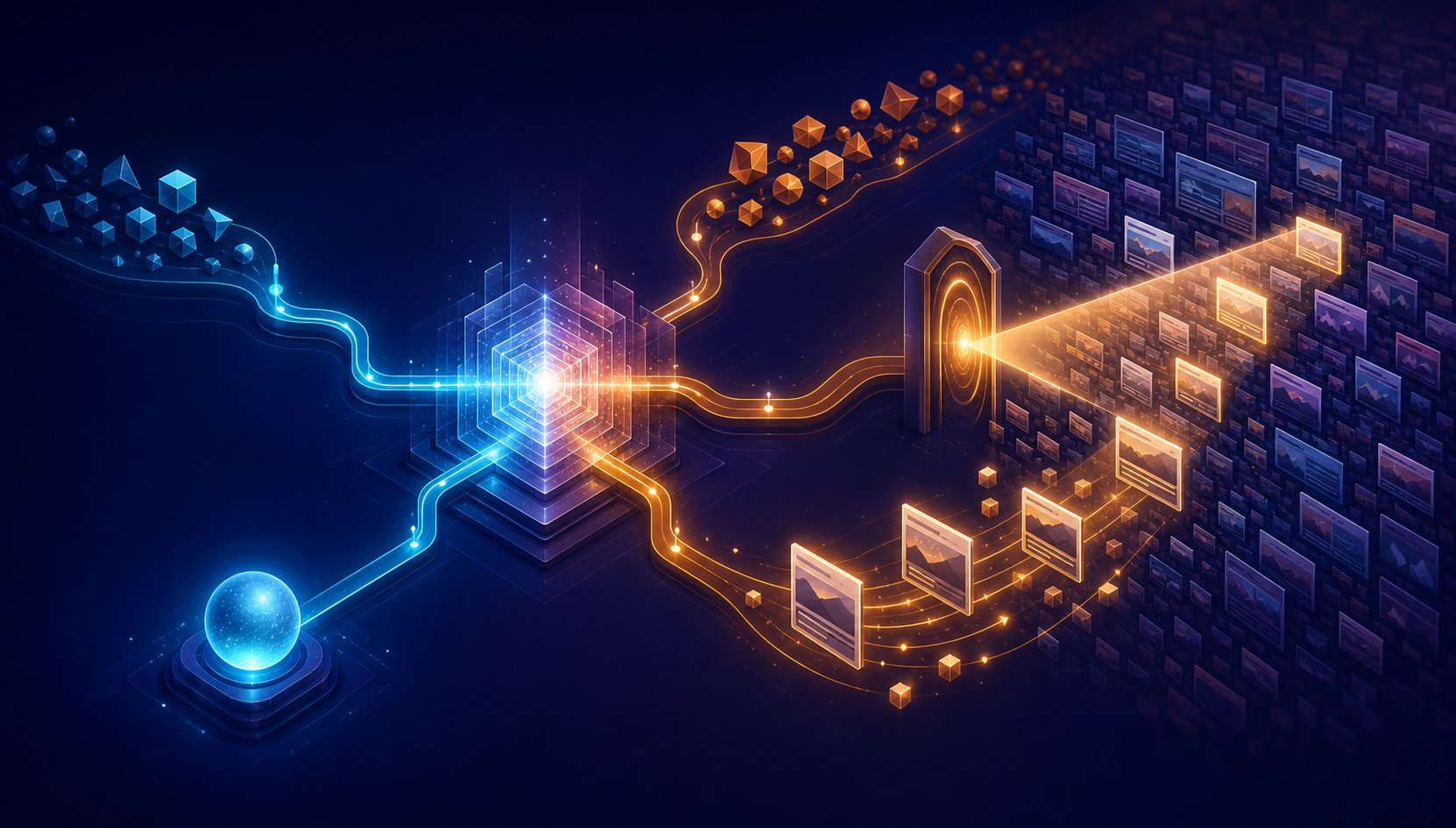 Two abstract prompts enter an AI core, with one leading directly to an answer and the other triggering a search across web pages.