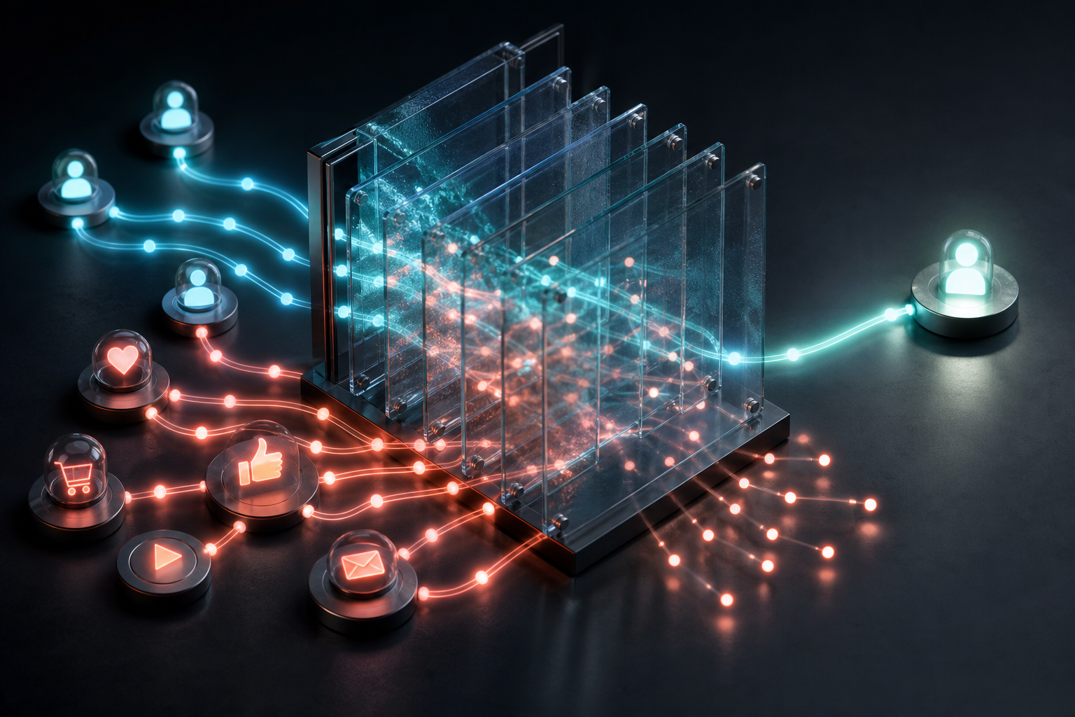 Overlapping customer-journey signals pass through transparent measurement layers, creating duplicated reflections and obscured attribution paths.