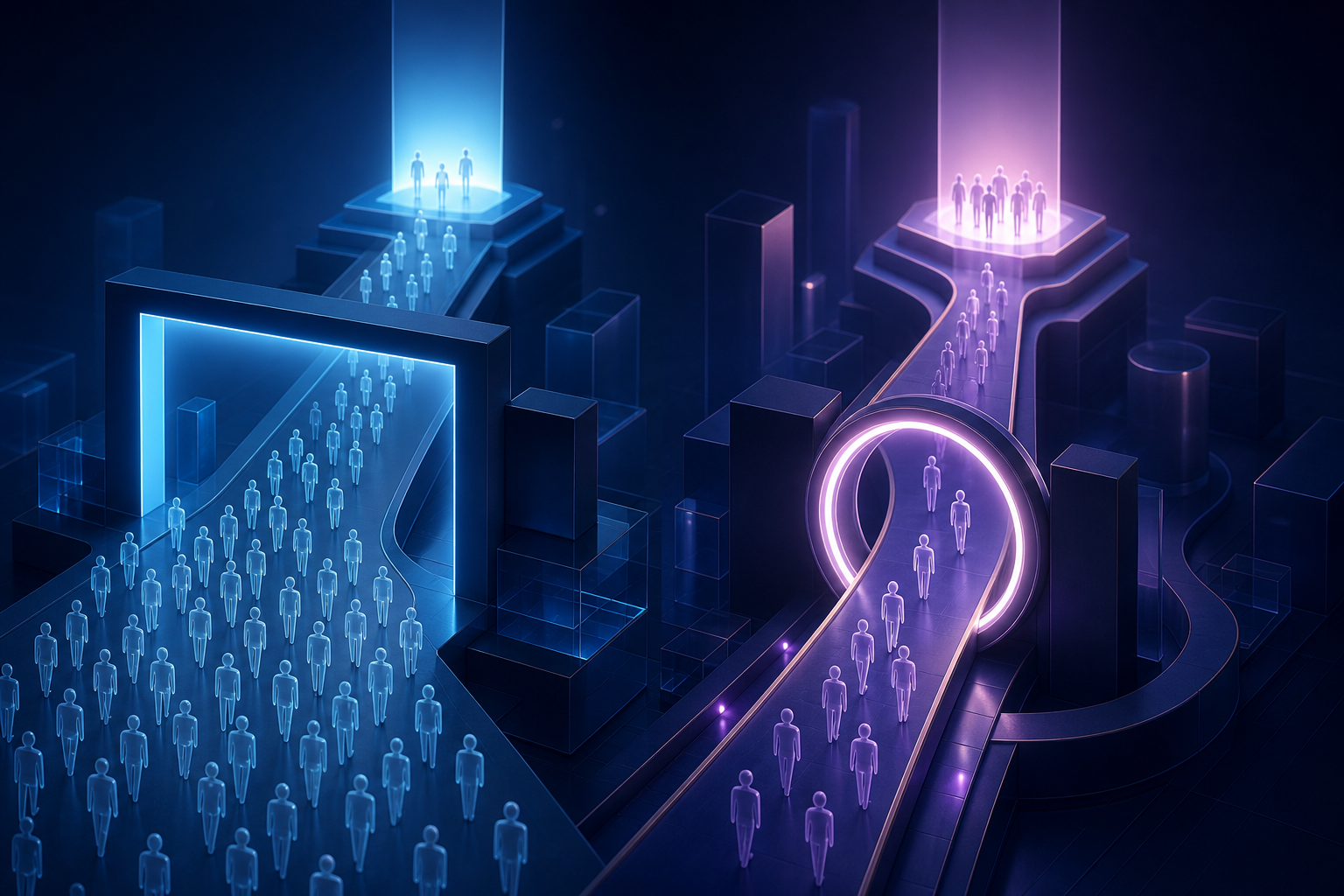 Two abstract software adoption paths show a wide gateway with many entrants and few finishers beside a narrower gateway with fewer entrants and a higher share of finishers.