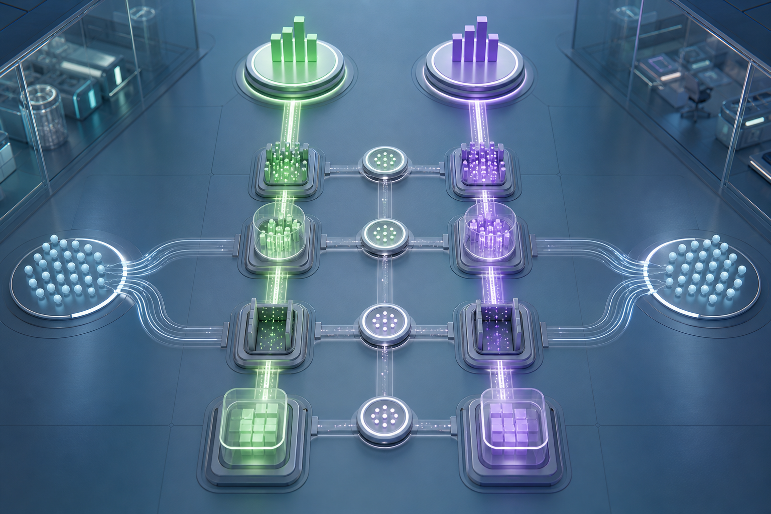 Two parallel campaign-testing lanes receive matching audience signals and pass through controlled checkpoints toward equivalent outcome markers.