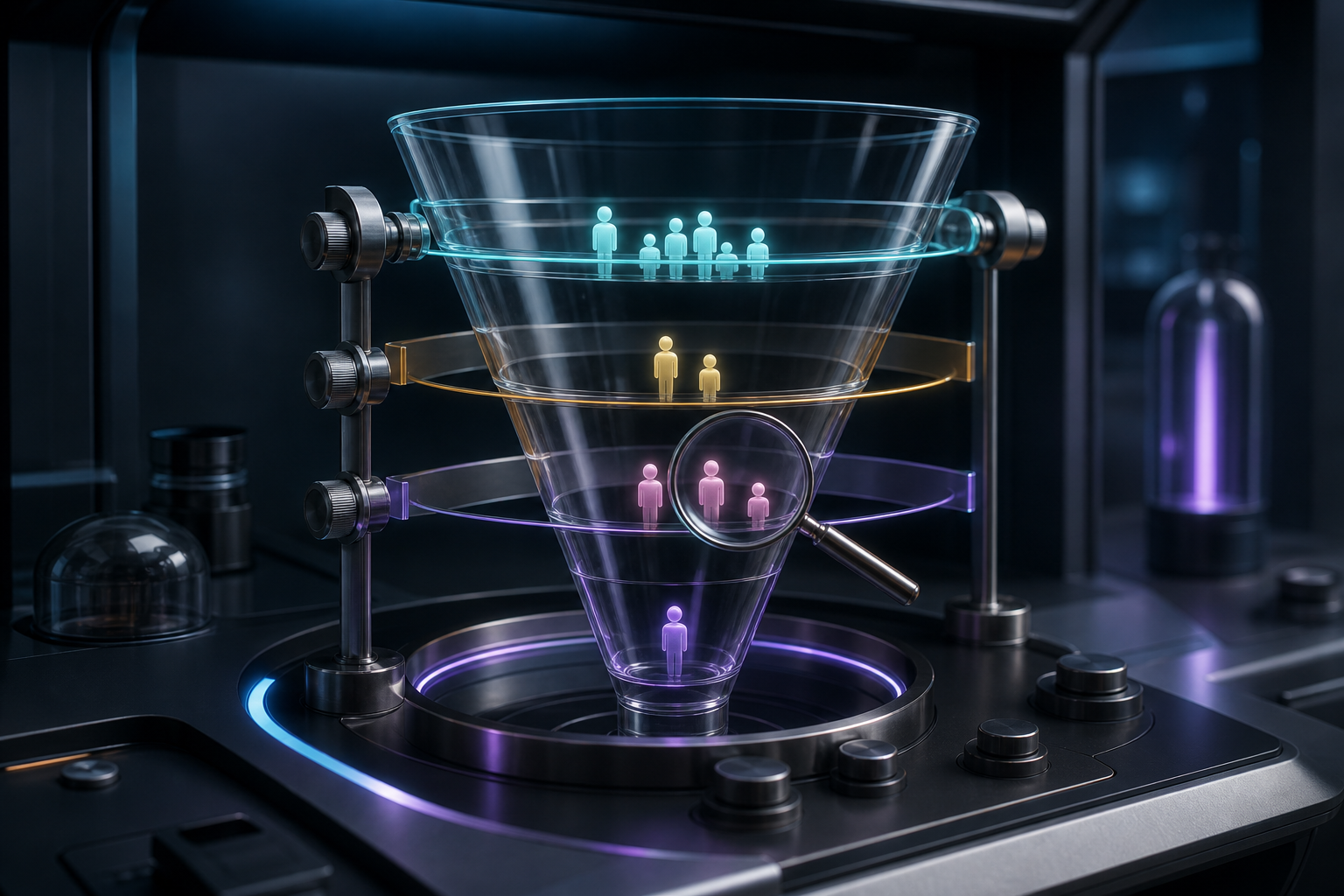 A transparent segmented funnel sits in an analytical console with glowing tokens at different stages and a magnifying lens over one bottleneck.