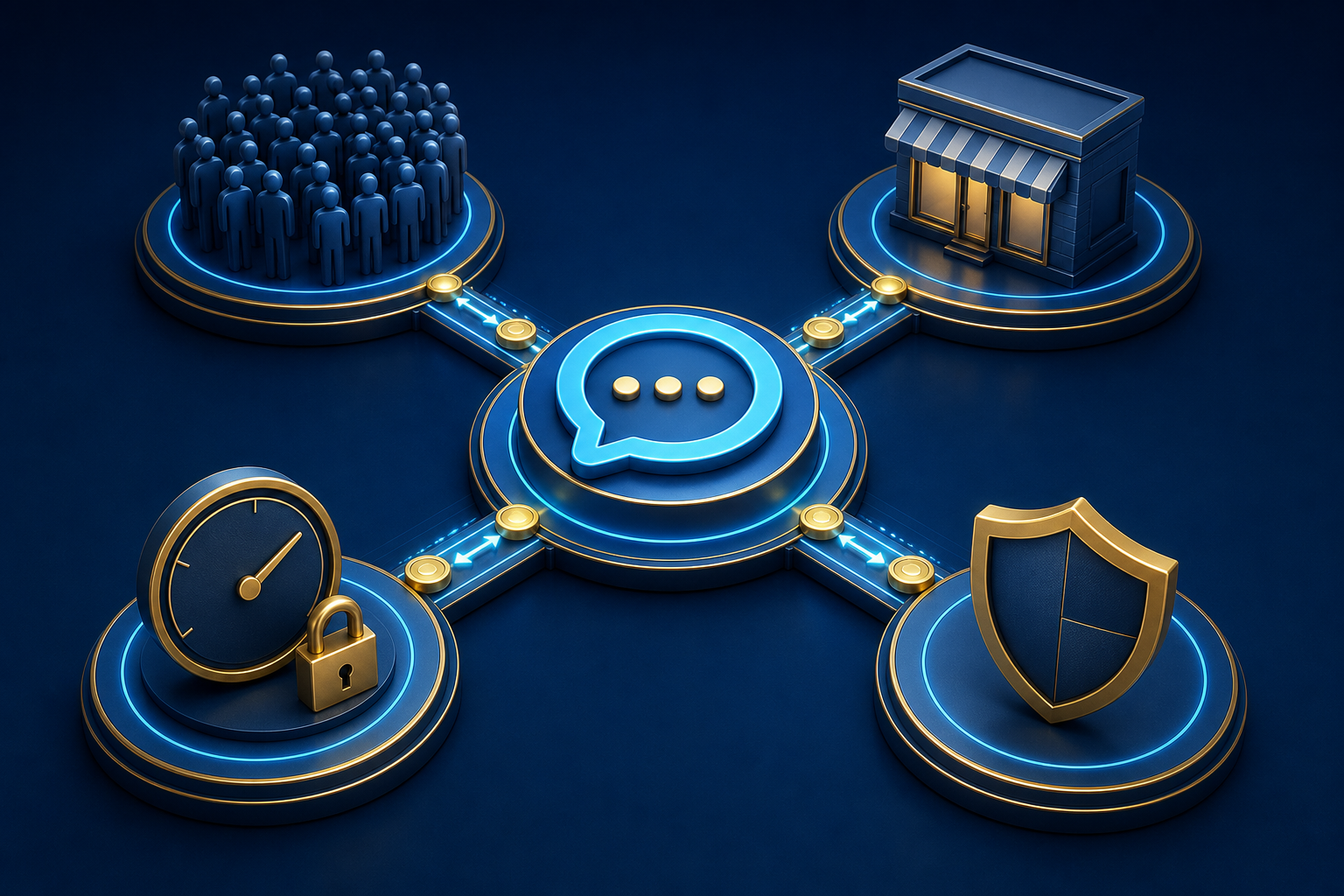 A central conversational portal connects to an audience, a storefront, a measurement gauge and a privacy shield.