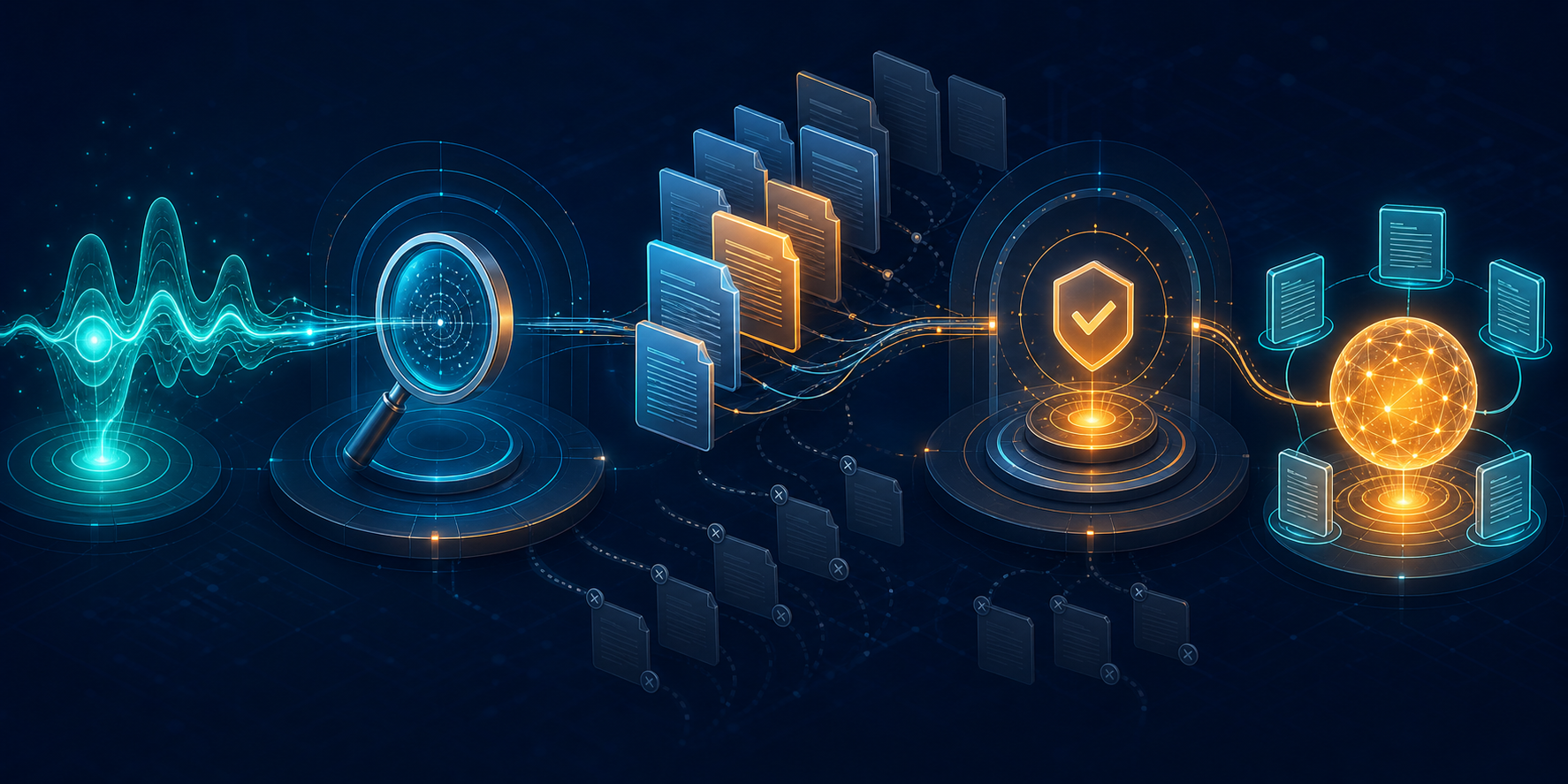 A query travels through search, ranked pages, and an evidence checkpoint before selected source cards connect to an AI-generated answer.
