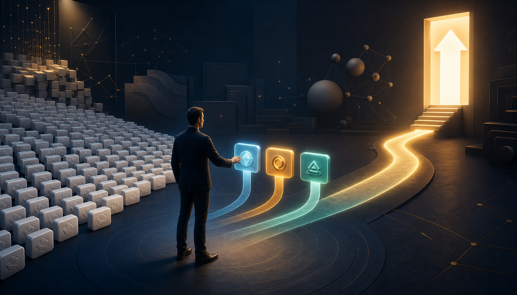 A strategist selects a few glowing tiles from a large stream and directs them toward a bright doorway in an abstract decision room.