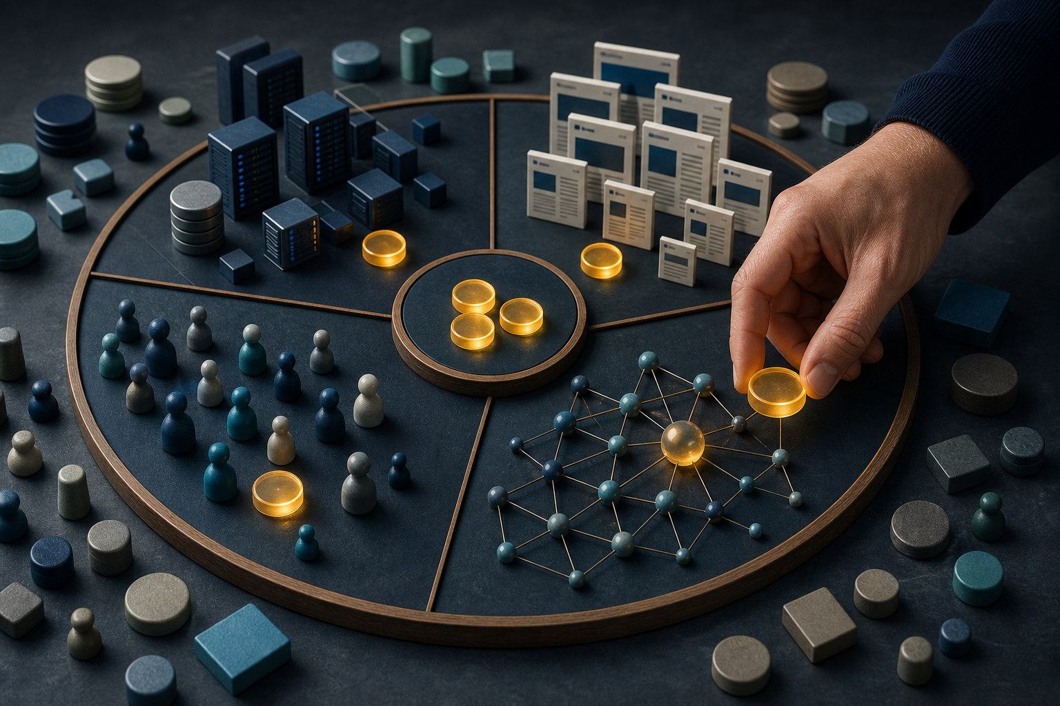 A hand allocates a limited number of glowing tokens among abstract website, content, audience, and AI-system models on a circular table.
