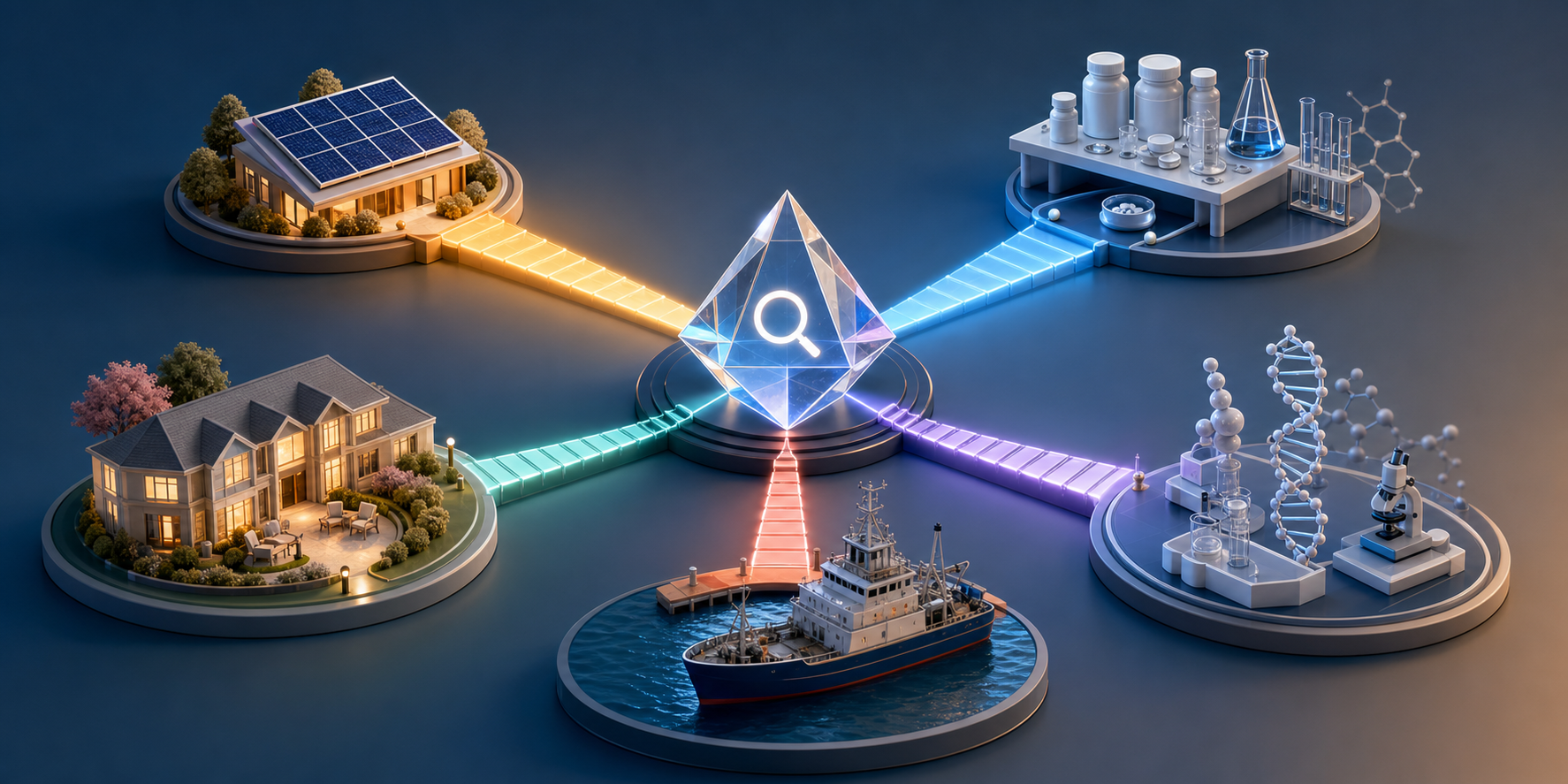 A central AI-inspired prism connects by separate colored paths to solar, pharmaceutical, senior living, biotech, and marine settings.