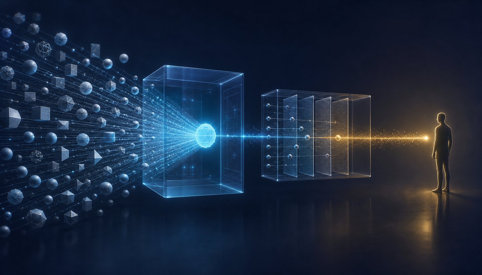 A network of web sources passes through two transparent filtering chambers before a small selection reaches a human silhouette.