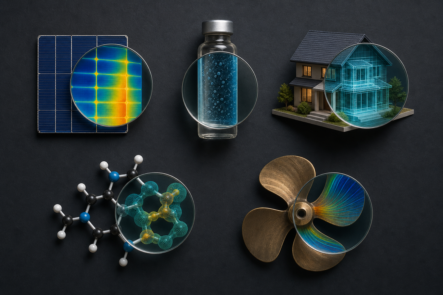 Five transparent lenses reveal different visual details in objects representing solar, pharmaceuticals, senior living, biotech, and marine industries.