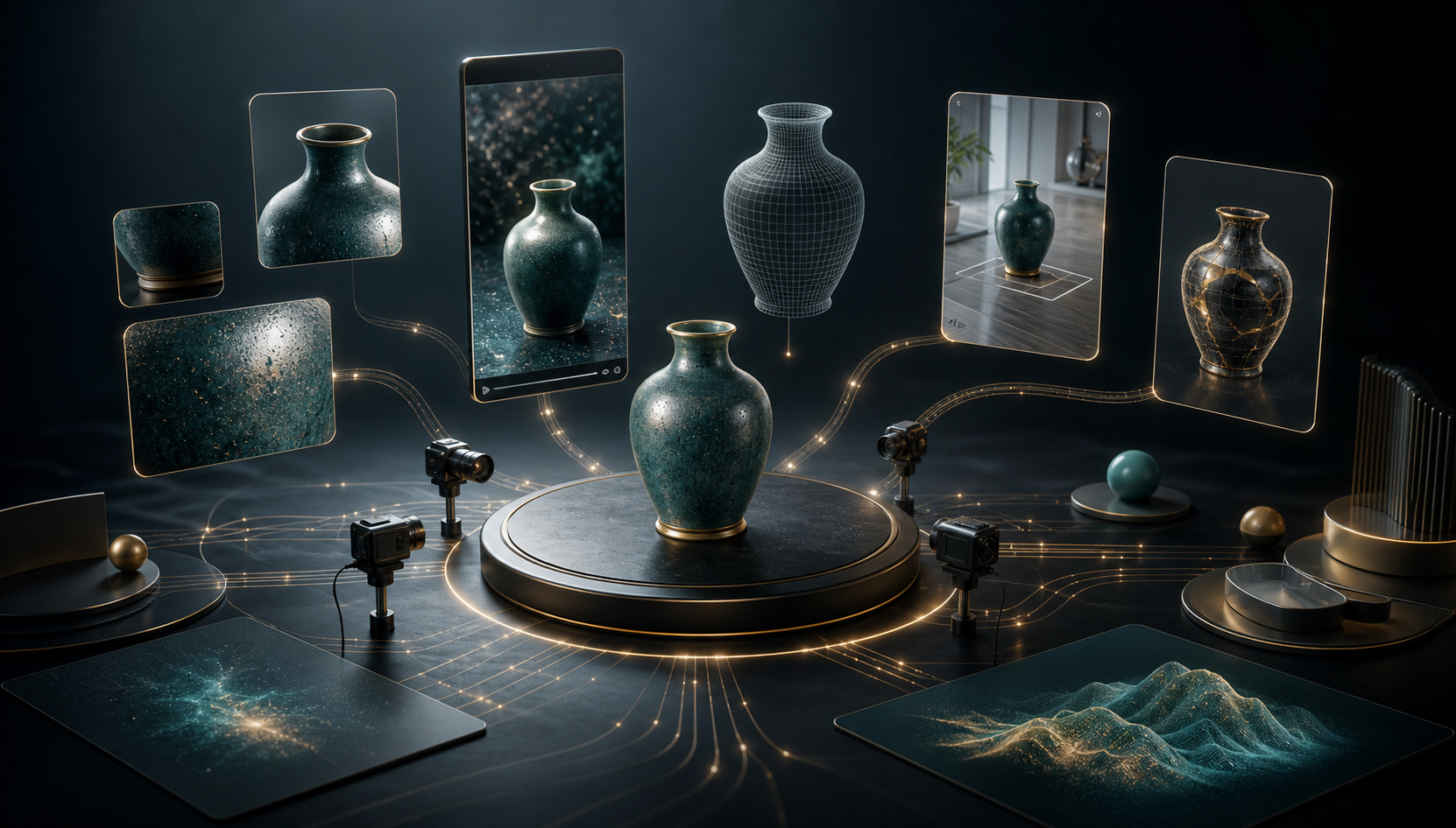 Multiple cameras capture an object while connected image, video, three-dimensional, augmented-reality, and synthetic visual assets branch outward.