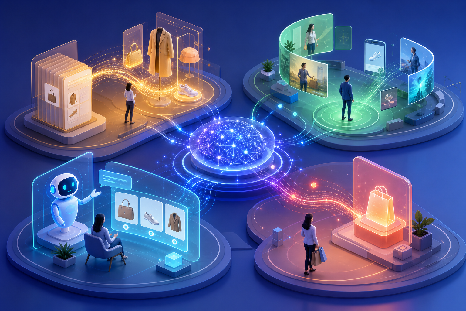Four connected miniature scenes depict product data, retailer audiences, conversational shopping, and purchase measurement around a central network.