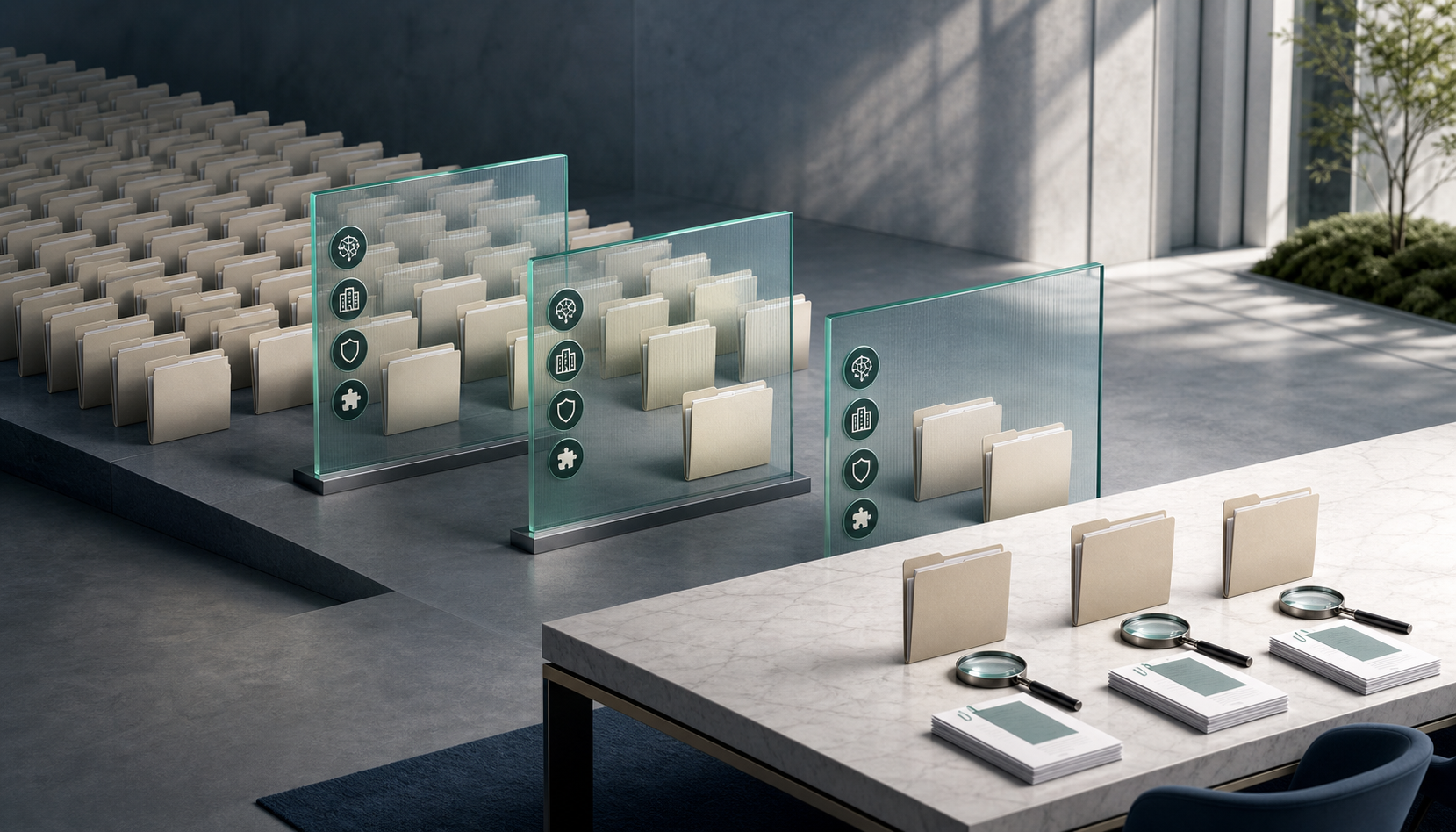 A group of portfolio folders narrows through translucent selection gates to three evidence-supported folders on a review table.