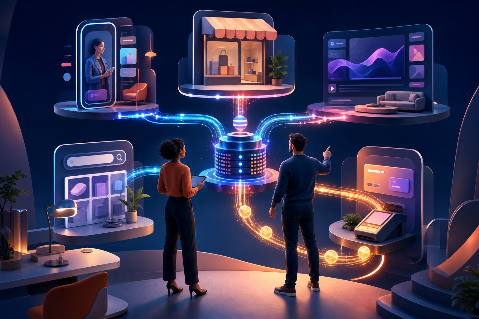 Two marketing professionals view connected mobile, retail, media, search, and checkout environments coordinated by shared data flows.