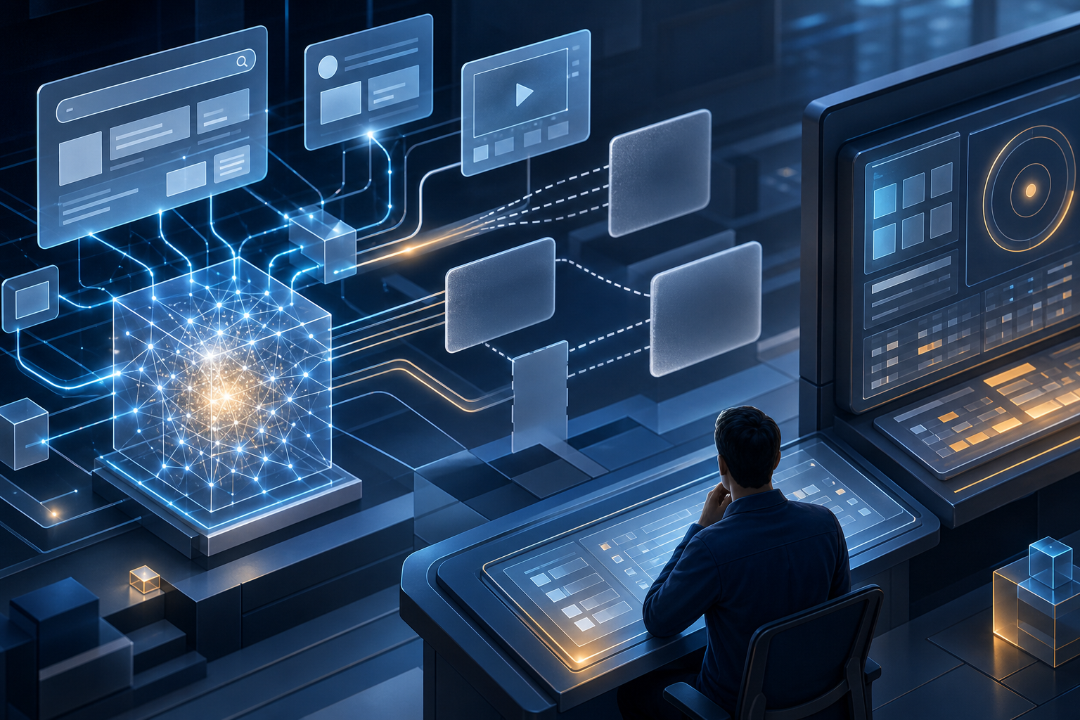 An analyst examines fragmented advertising signals as some data paths vanish behind translucent blank reporting panels.
