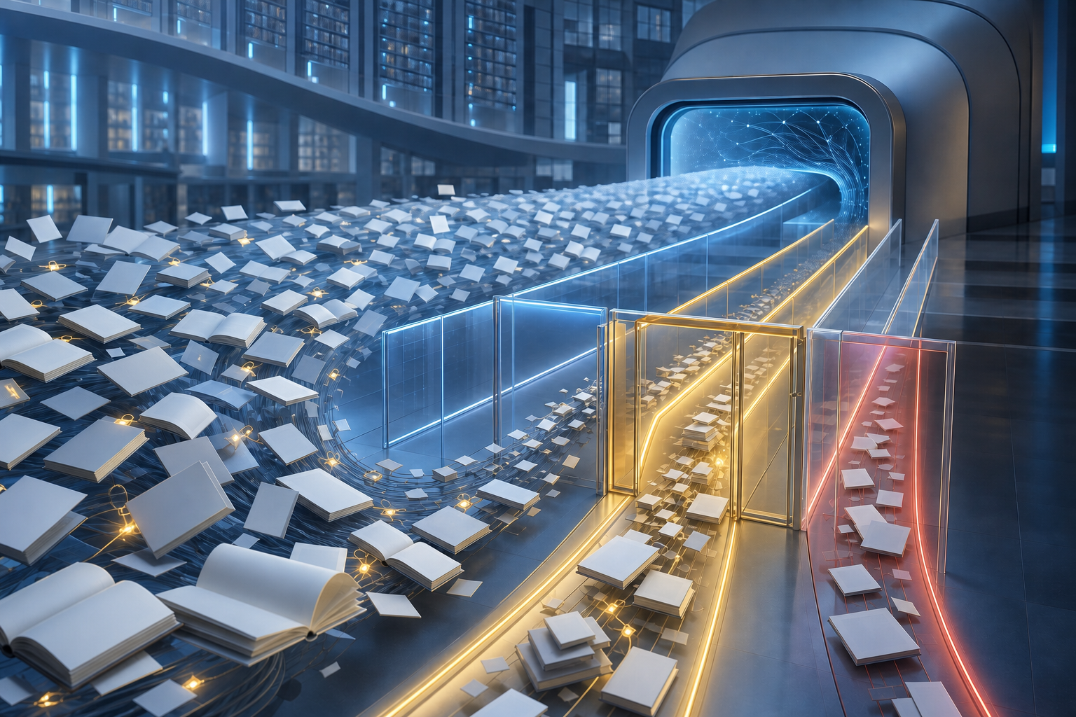 Unmarked documents move toward an AI intake portal through a transparent gate that separates controlled pathways and preserves glowing provenance links.