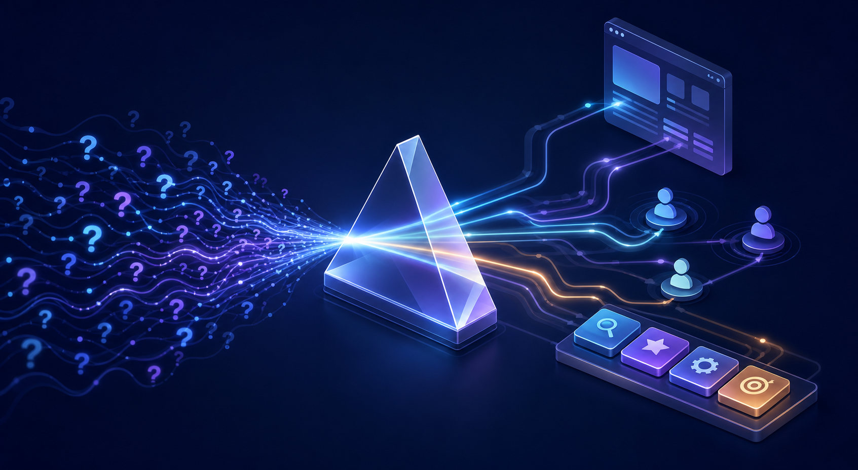 Abstract measurement system connecting many incoming signals to variable AI response paths, user interactions, and organized action tiles.
