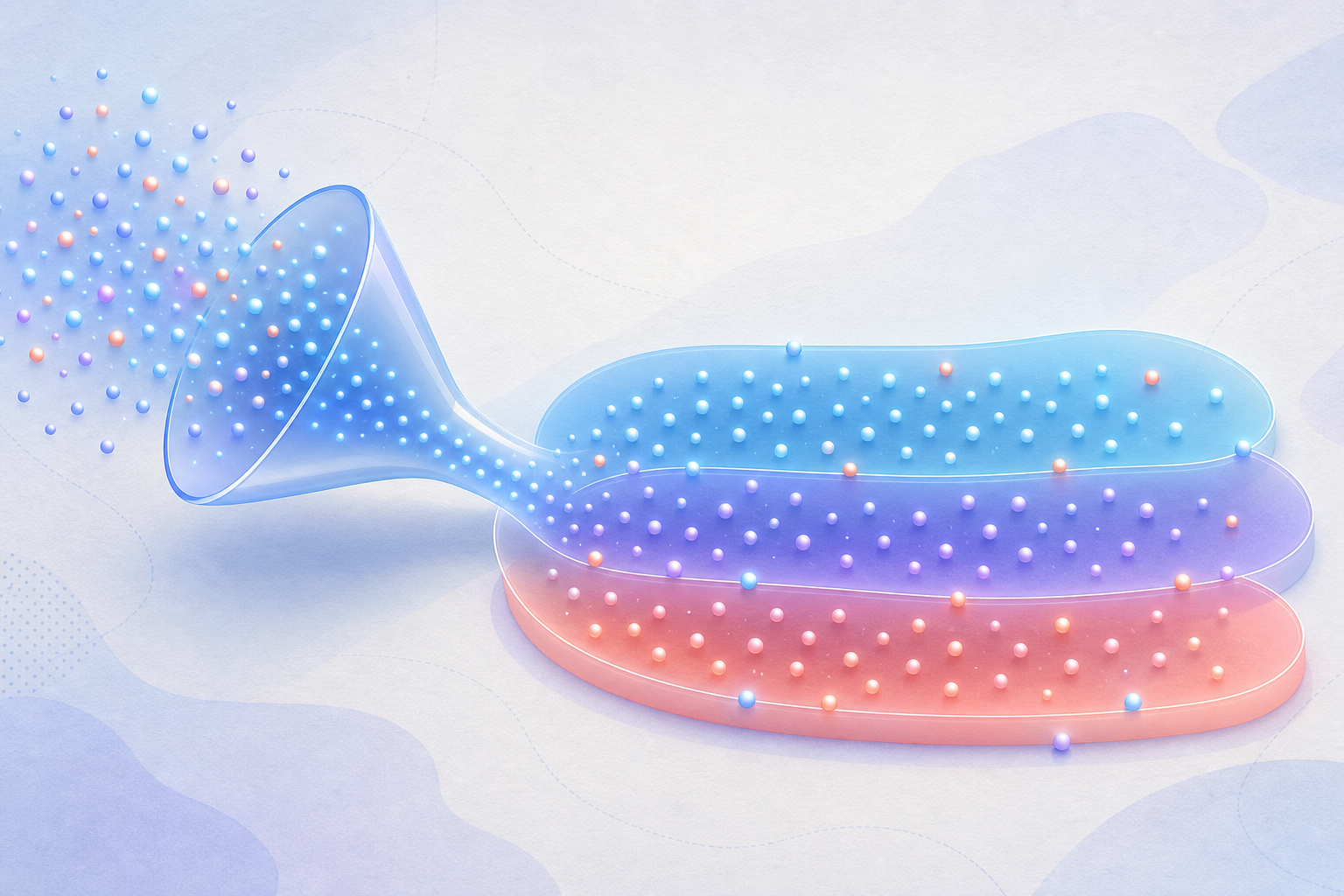 Glowing domain dots pass through a translucent funnel into three overlapping colored bands with soft boundaries.
