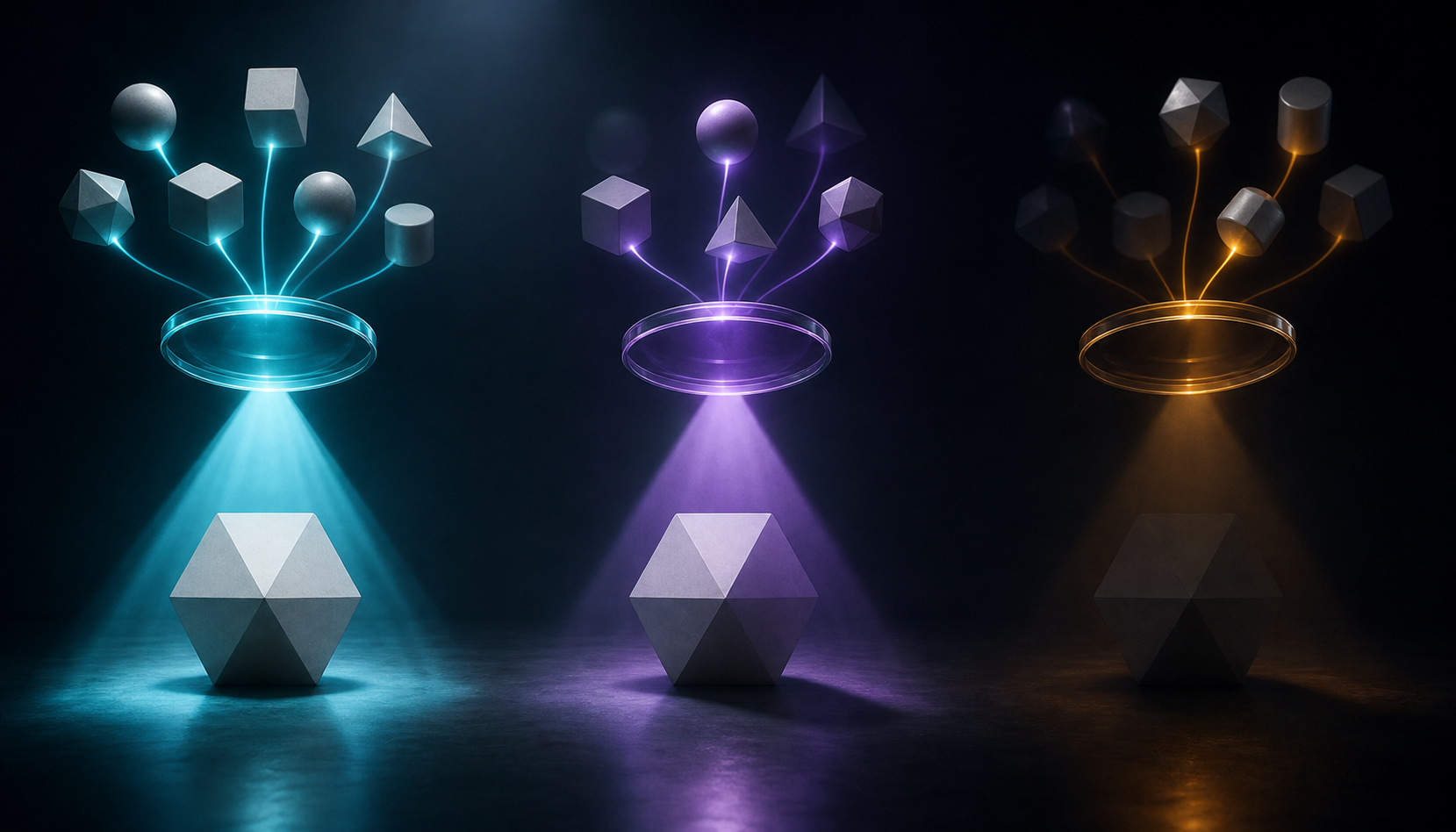 Three translucent lenses use different source objects to cast varying levels of light on the same unbranded object.