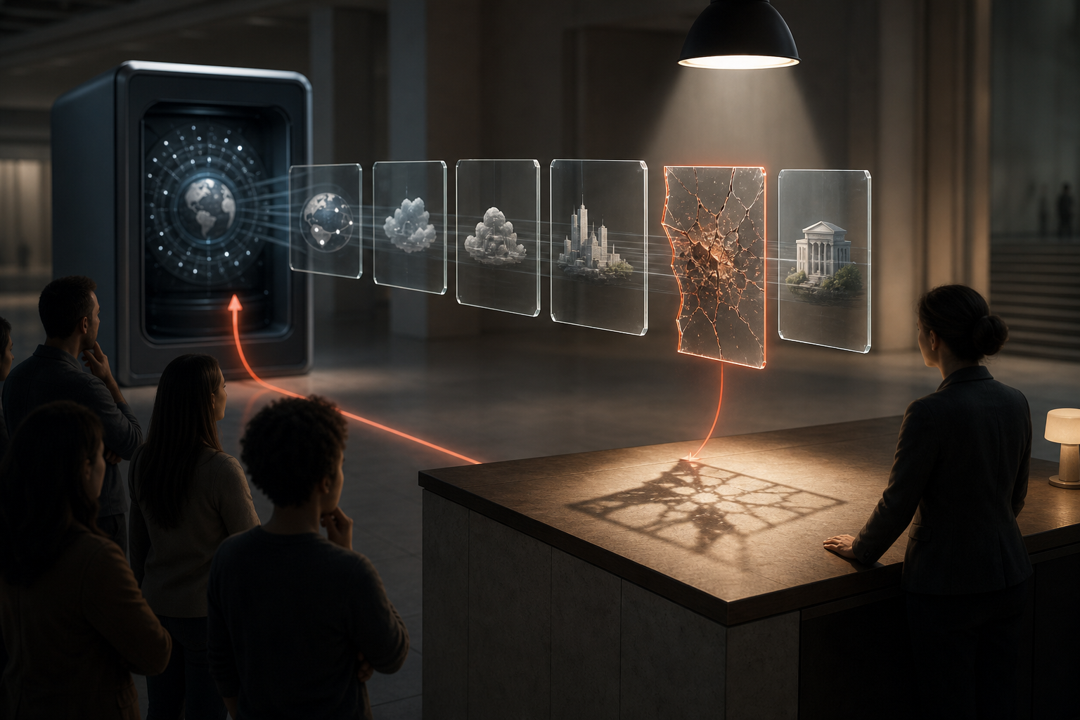 Readers face information tiles projected by an AI terminal while one warped tile casts a fractured shadow on a publisher's desk.