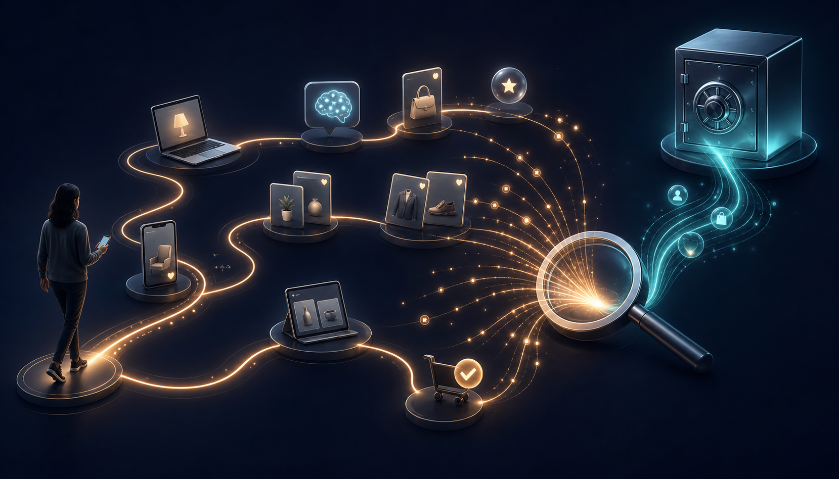 A shopper follows a winding path across several digital touchpoints while interaction signals converge into a measurement lens and a secure data vault supports the journey.