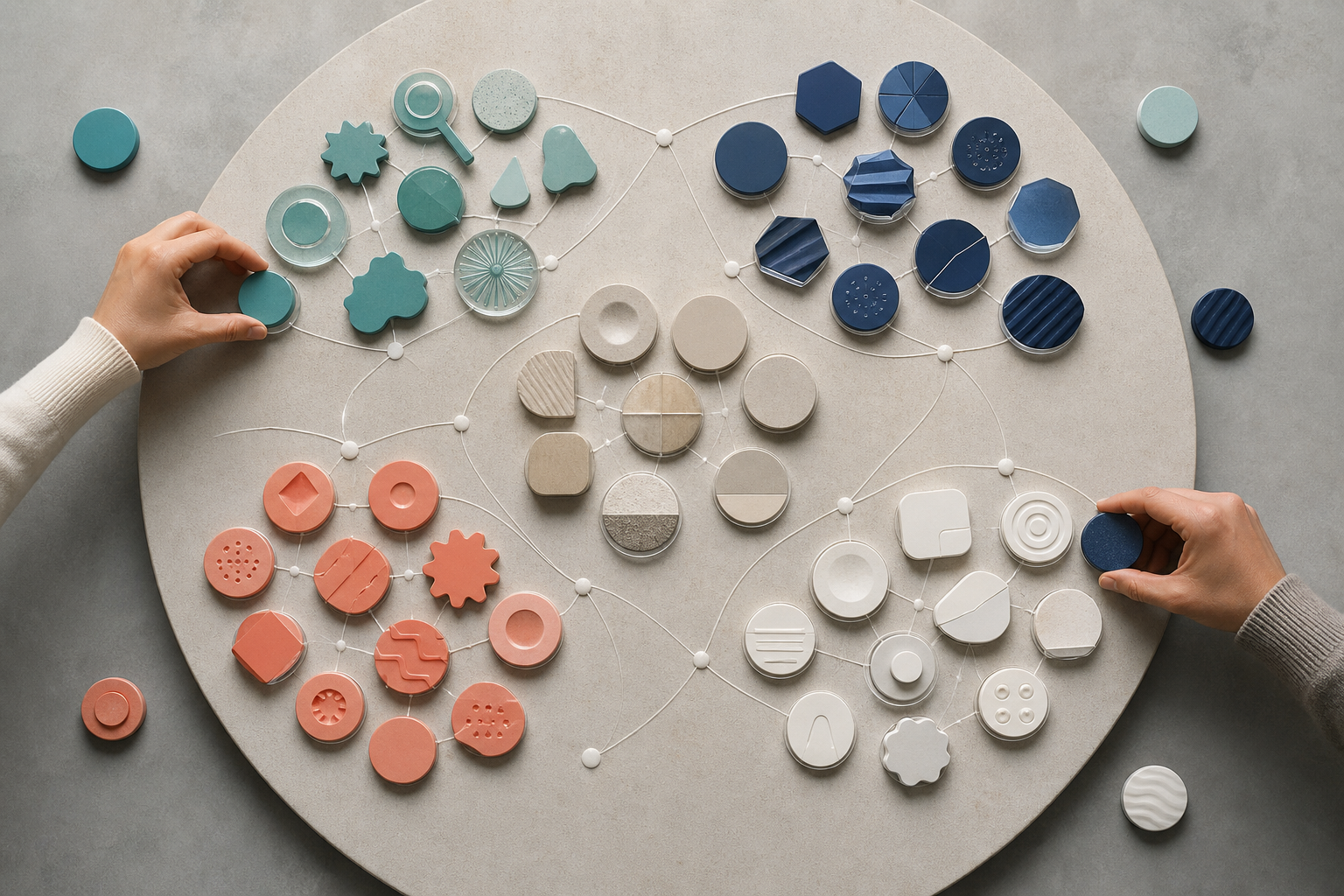 Hands arrange varied icon-based prompt tokens into several intent groups on a circular table.