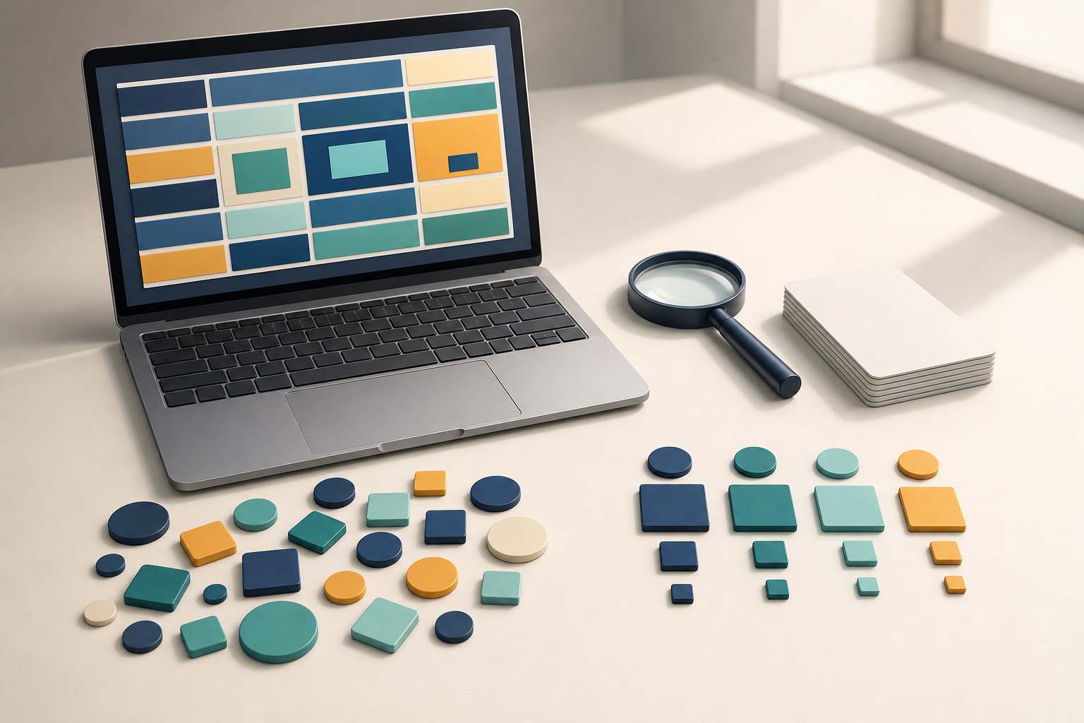 An analyst's desk with a laptop, magnifying glass, blank filter cards, and website tokens arranged from a mixed set into organized groups.