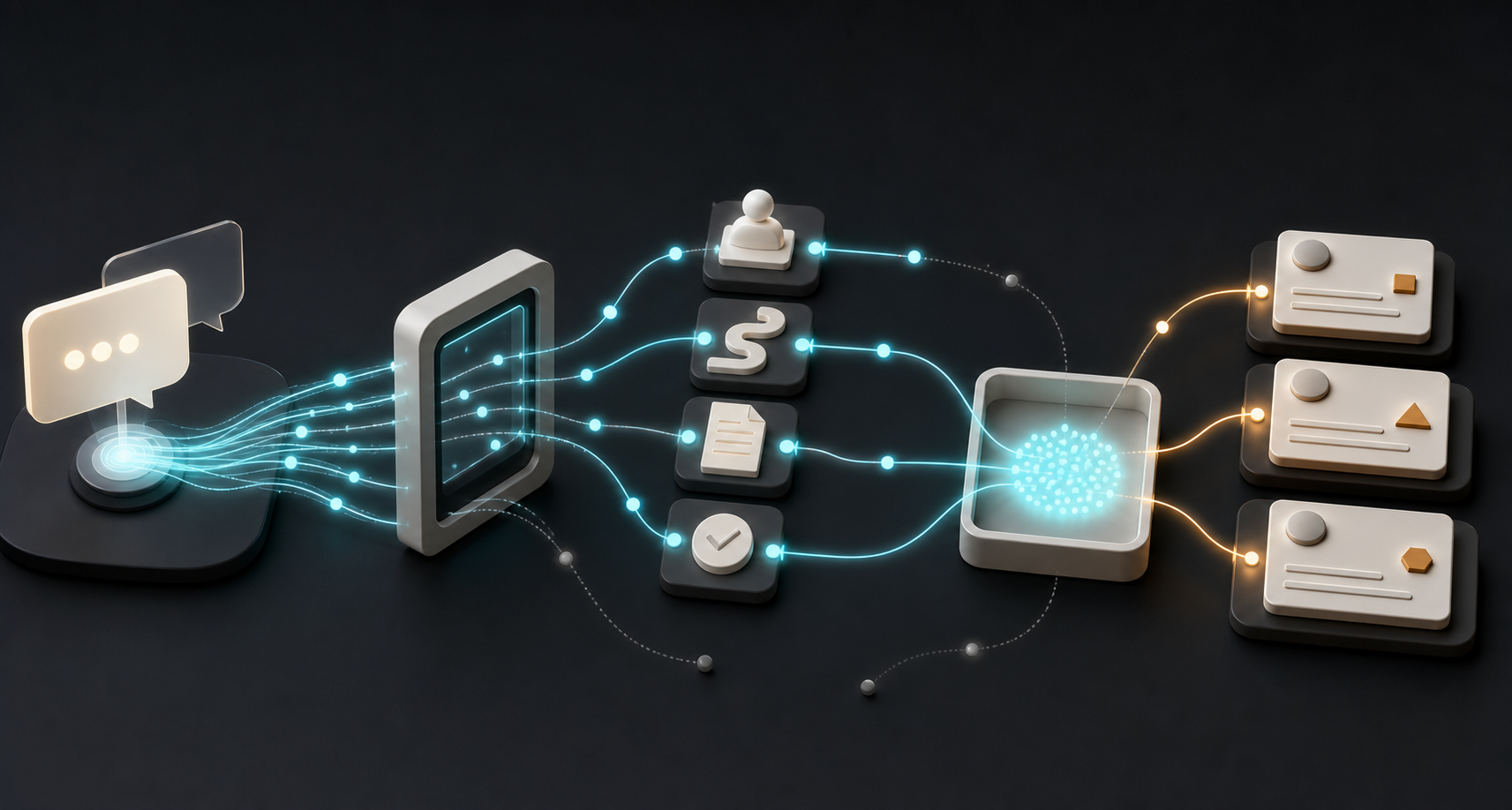 Uneven light paths connect an abstract AI interface to a website, user behaviors, collected evidence, and prioritized work cards.