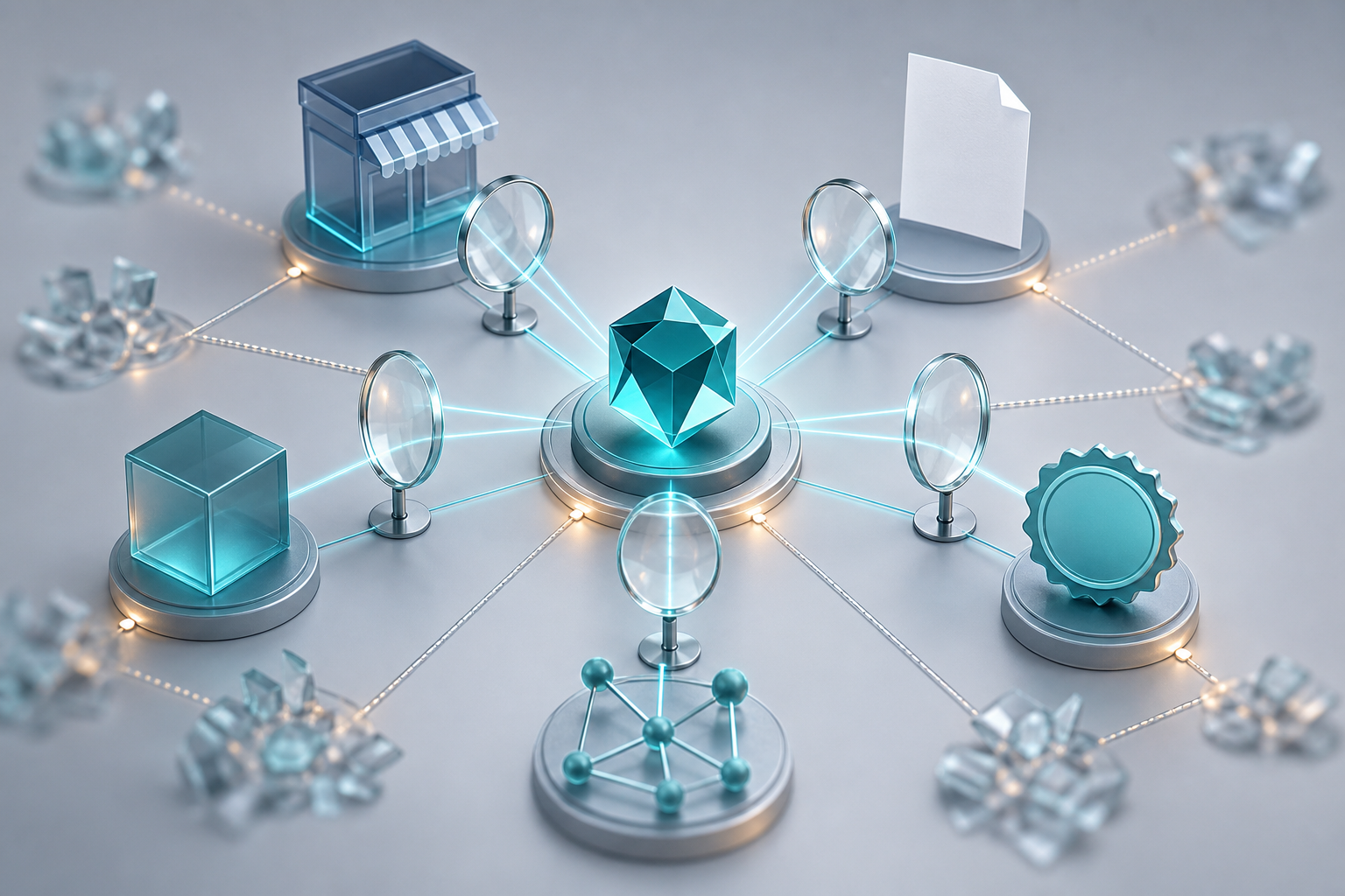 Transparent lenses connect several evidence objects and resolve them into a clear faceted form at the center.